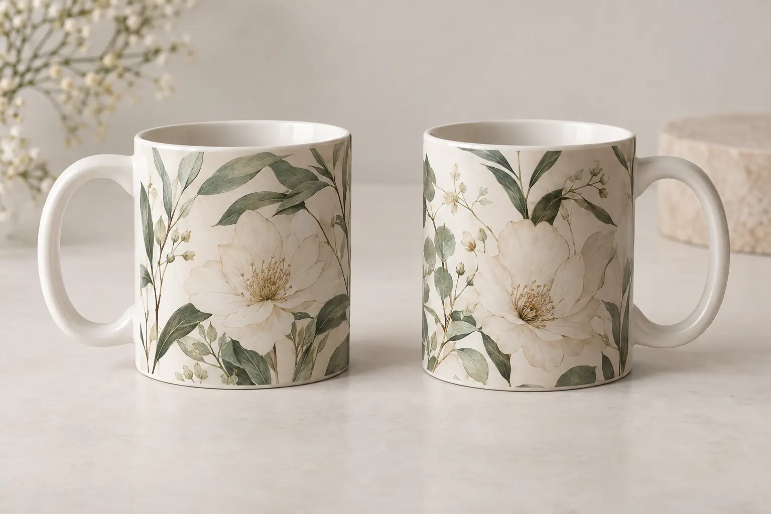 Create an editorial composition showing front and opposite-side views of the same reference mug, making the handle posit