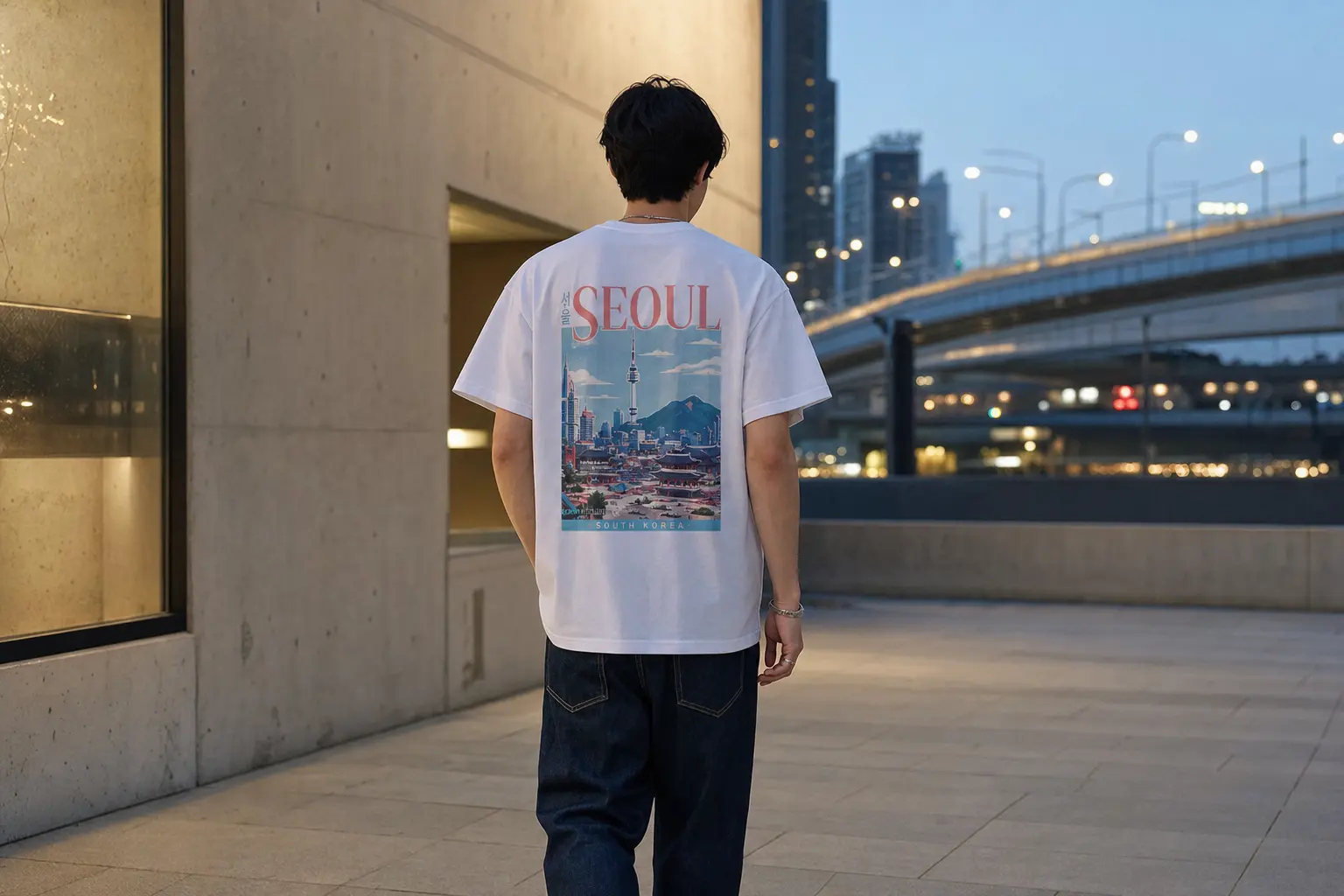Street-style image focused on the back of a model wearing a colorful Seoul city graphic tee with straight dark denim, ca