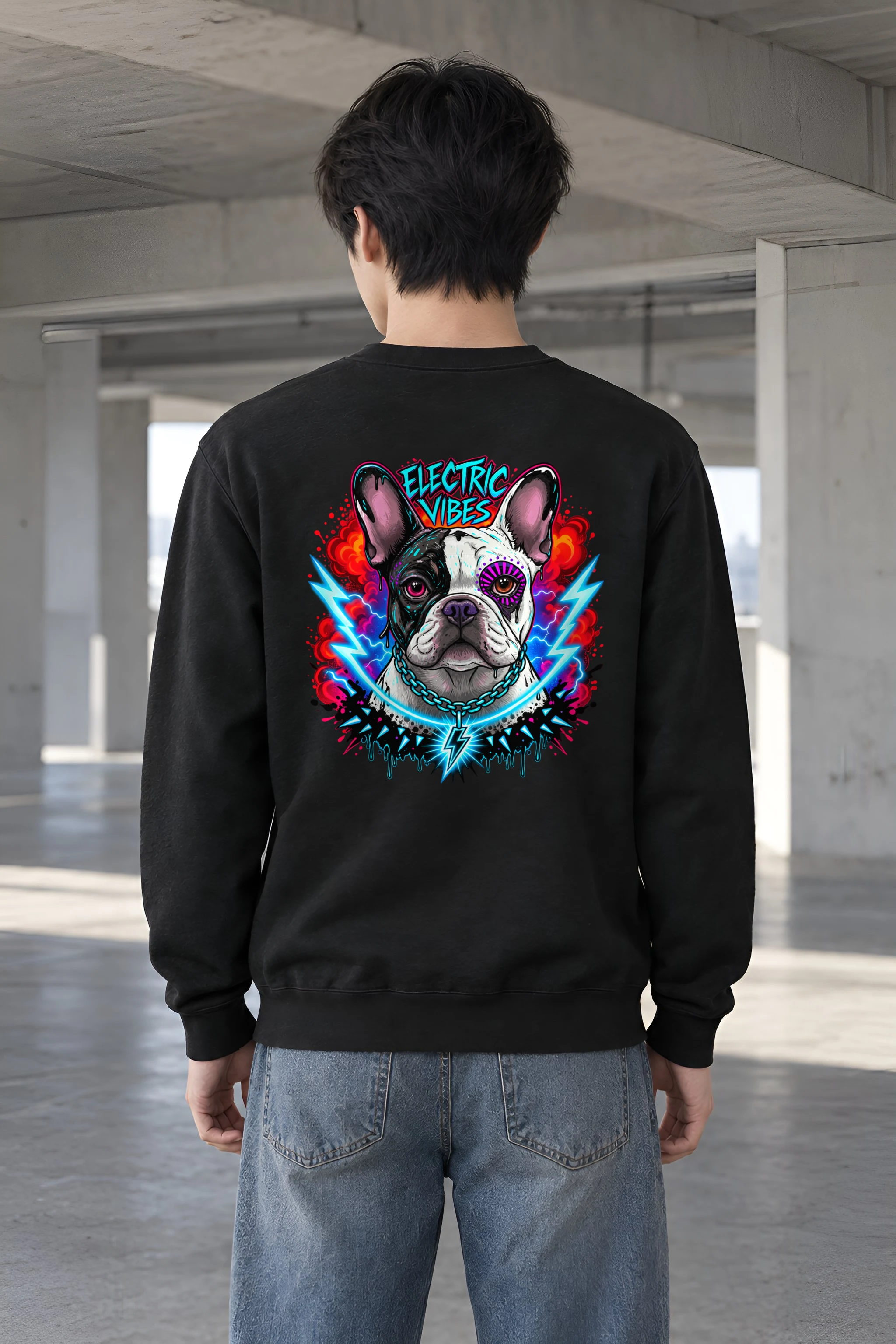 "Electric Vibes Bulldog" Heavy Blend Unisex Crewneck Sweatshirt