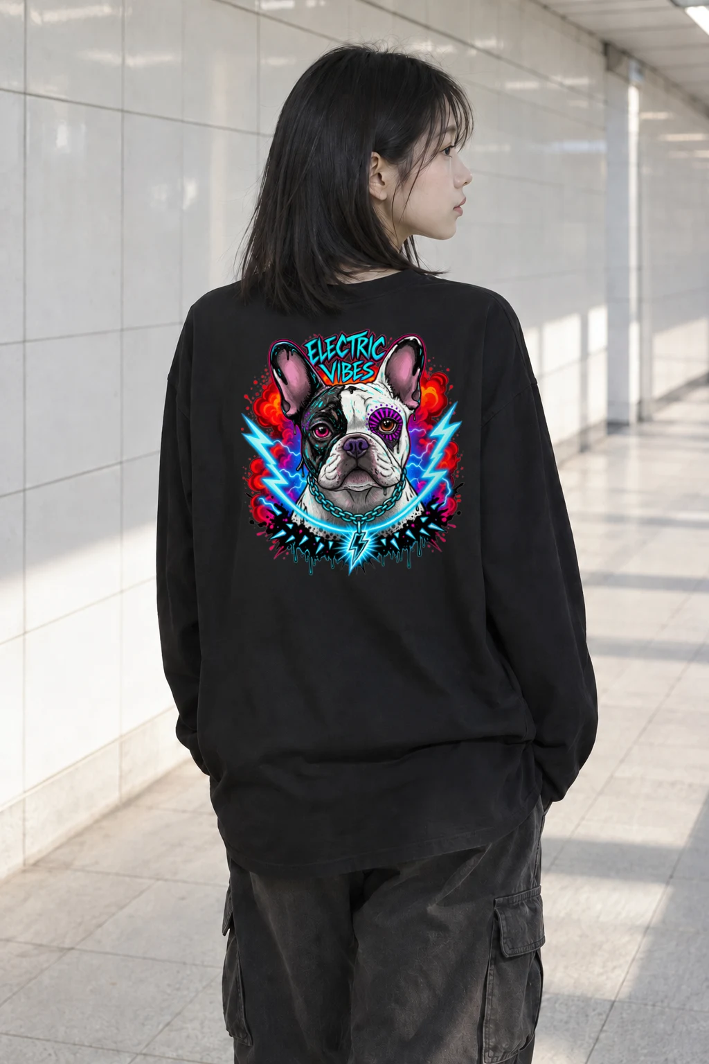 "Electric Vibes Bulldog" Unisex Longsleeve T-shirt | Gildan 2400