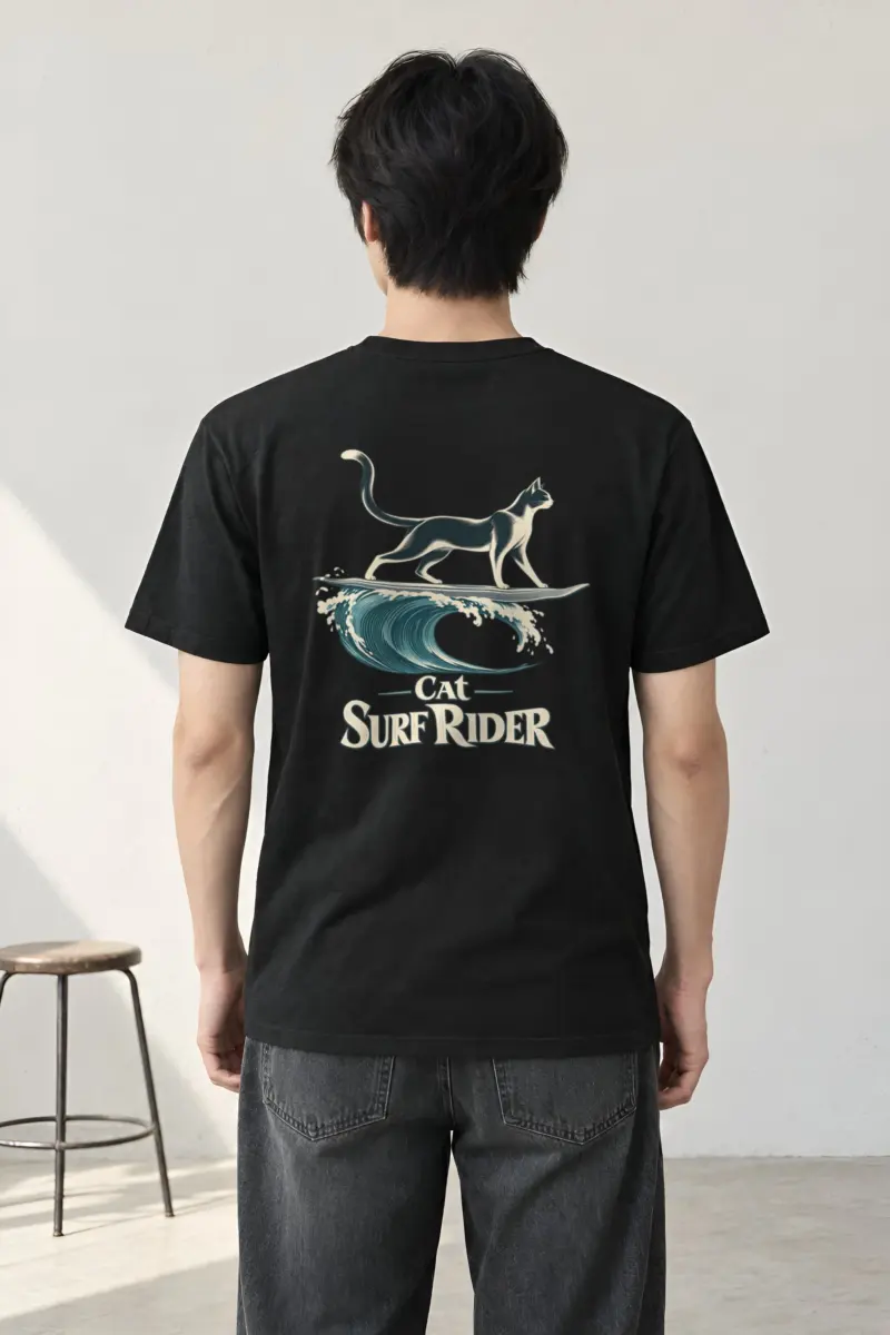 "Feline On Surfboard" Heavyweight Unisex Crewneck T-shirt