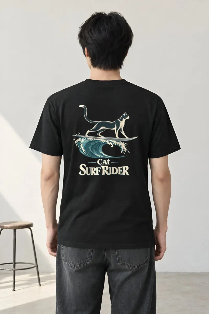 "Feline On Surfboard" Heavyweight Unisex Crewneck T-shirt