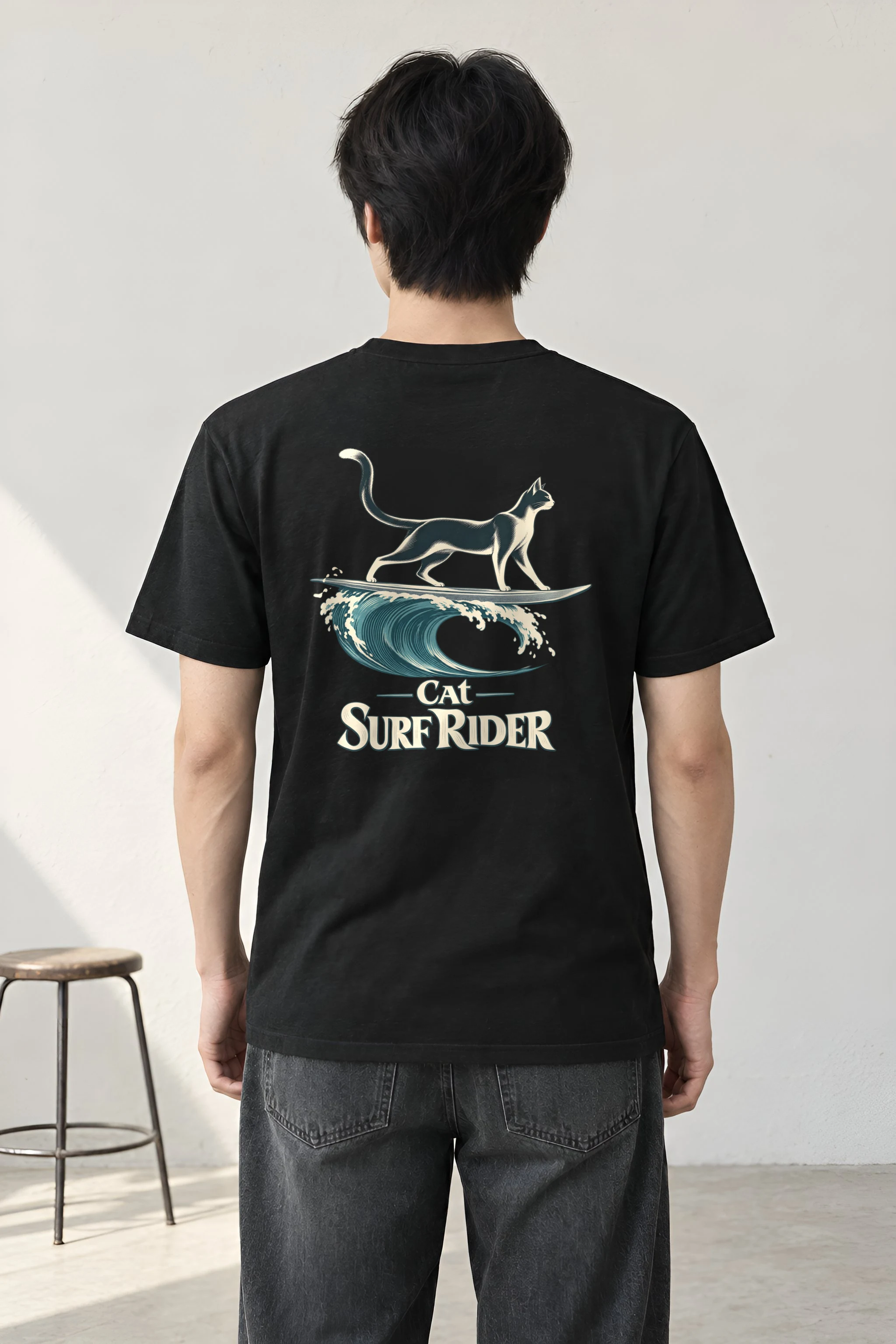 "Feline On Surfboard" Heavyweight Unisex Crewneck T-shirt
