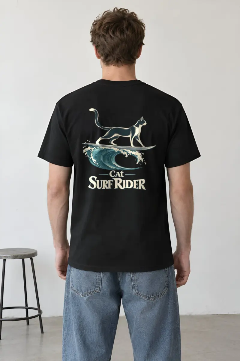 "Feline On Surfboard" Heavyweight Unisex Crewneck T-shirt