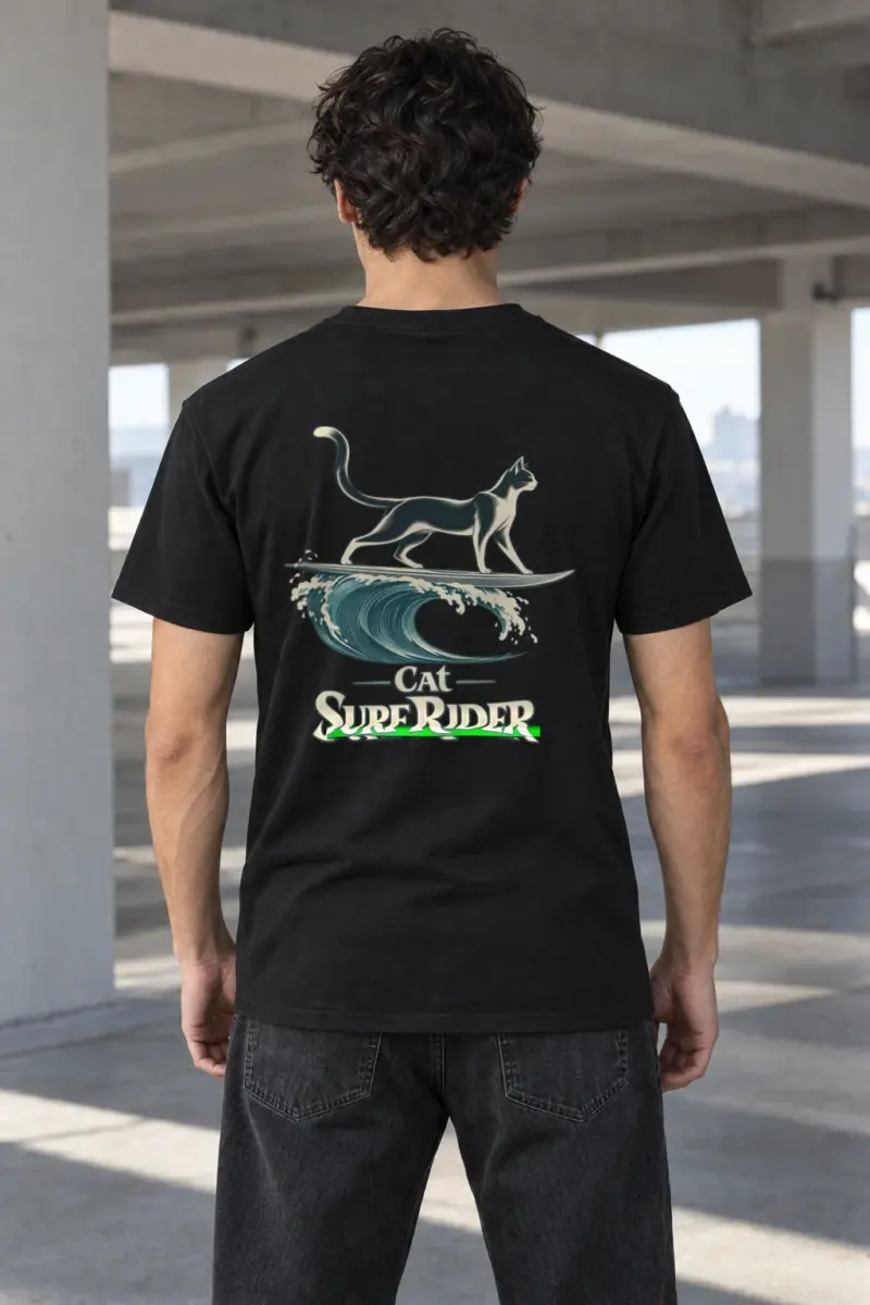 "Feline On Surfboard" Heavyweight Unisex Crewneck T-shirt | Gildan 5000