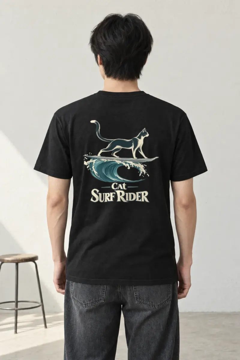 "Feline On Surfboard" Heavyweight Unisex Crewneck T-shirt