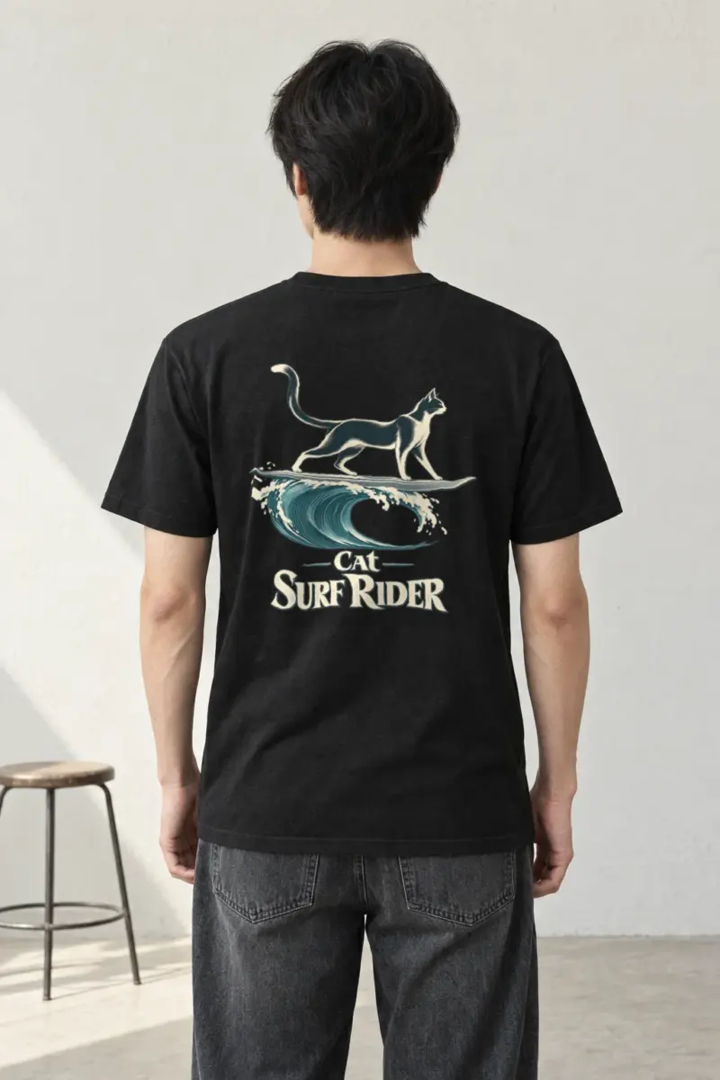 "Feline On Surfboard" Heavyweight Unisex Crewneck T-shirt | Gildan 5000