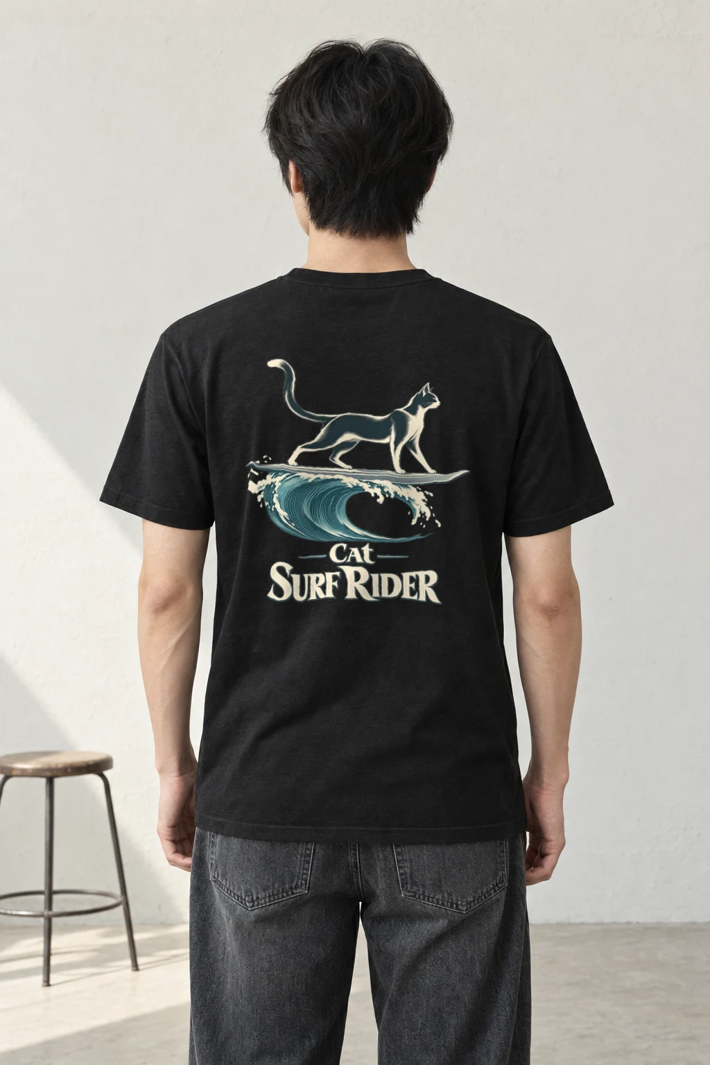 "Feline On Surfboard" Heavyweight Unisex Crewneck T-shirt | Gildan 5000