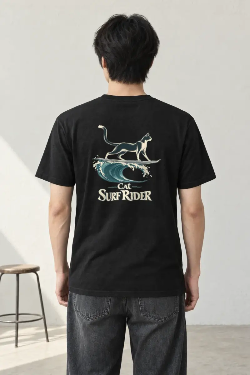 "Feline On Surfboard" Heavyweight Unisex Crewneck T-shirt