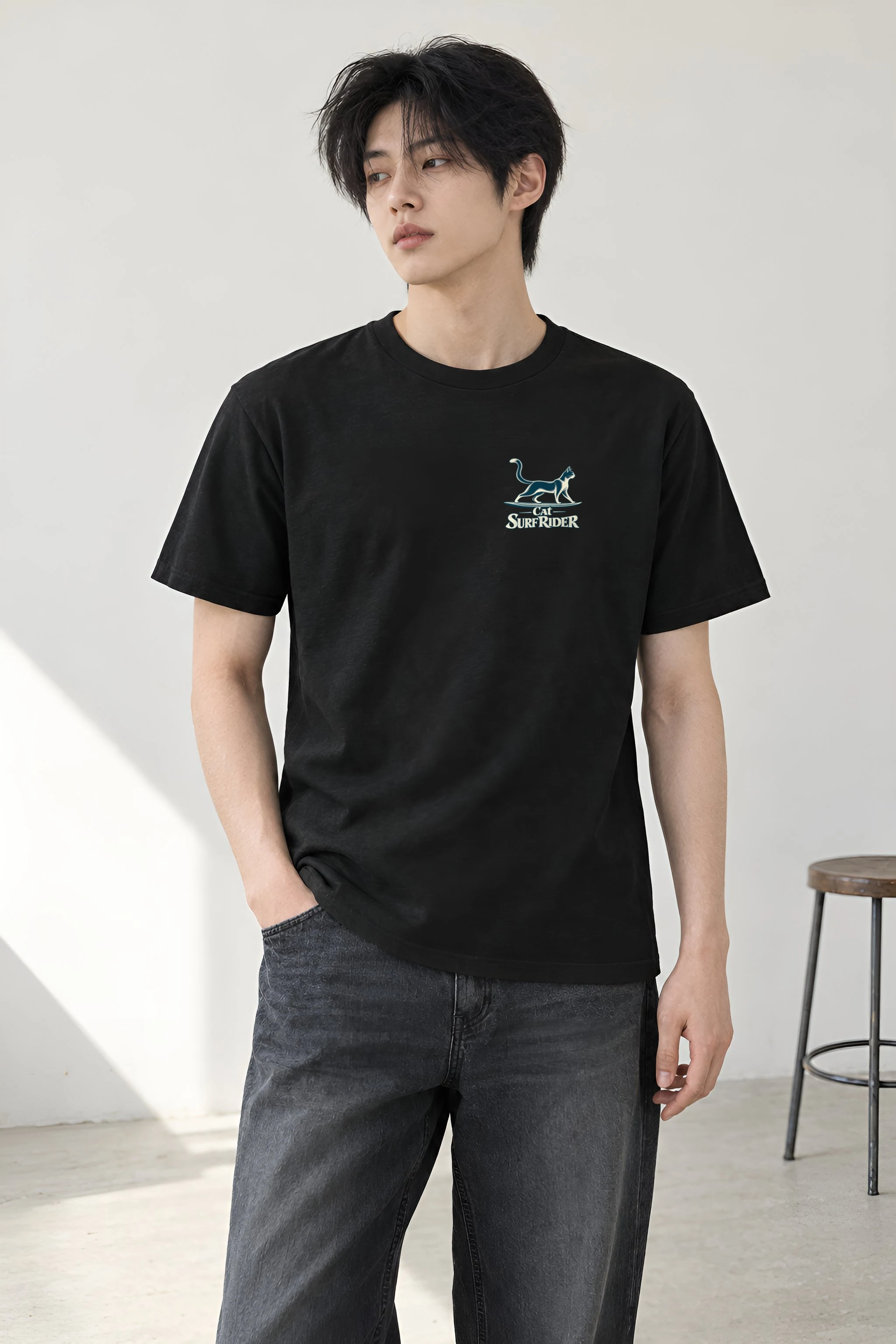 "Feline On Surfboard" Heavyweight Unisex Crewneck T-shirt