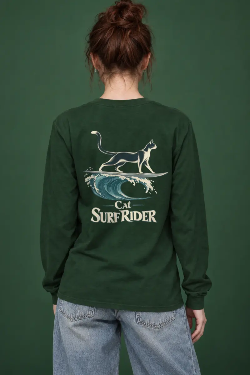 "Feline On Surfboard" Unisex Longsleeve T-shirt