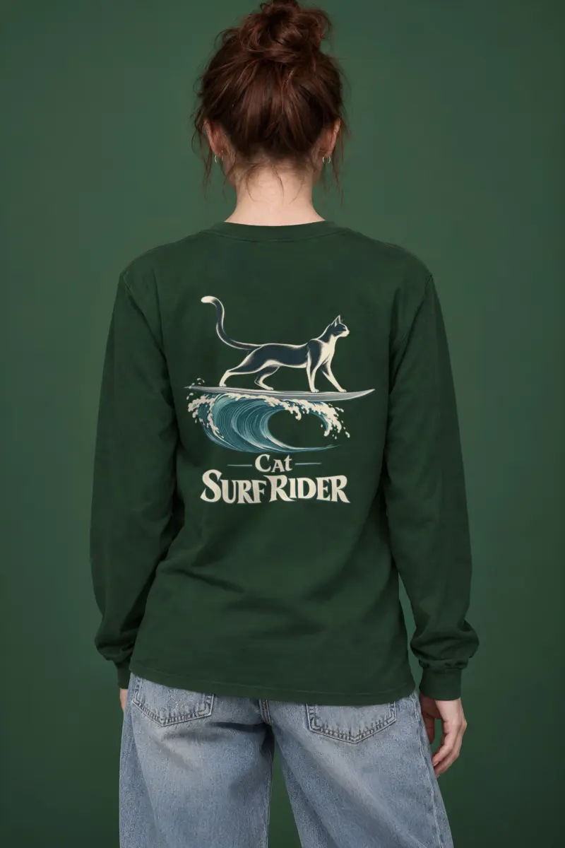 "Feline On Surfboard" Unisex Longsleeve T-shirt