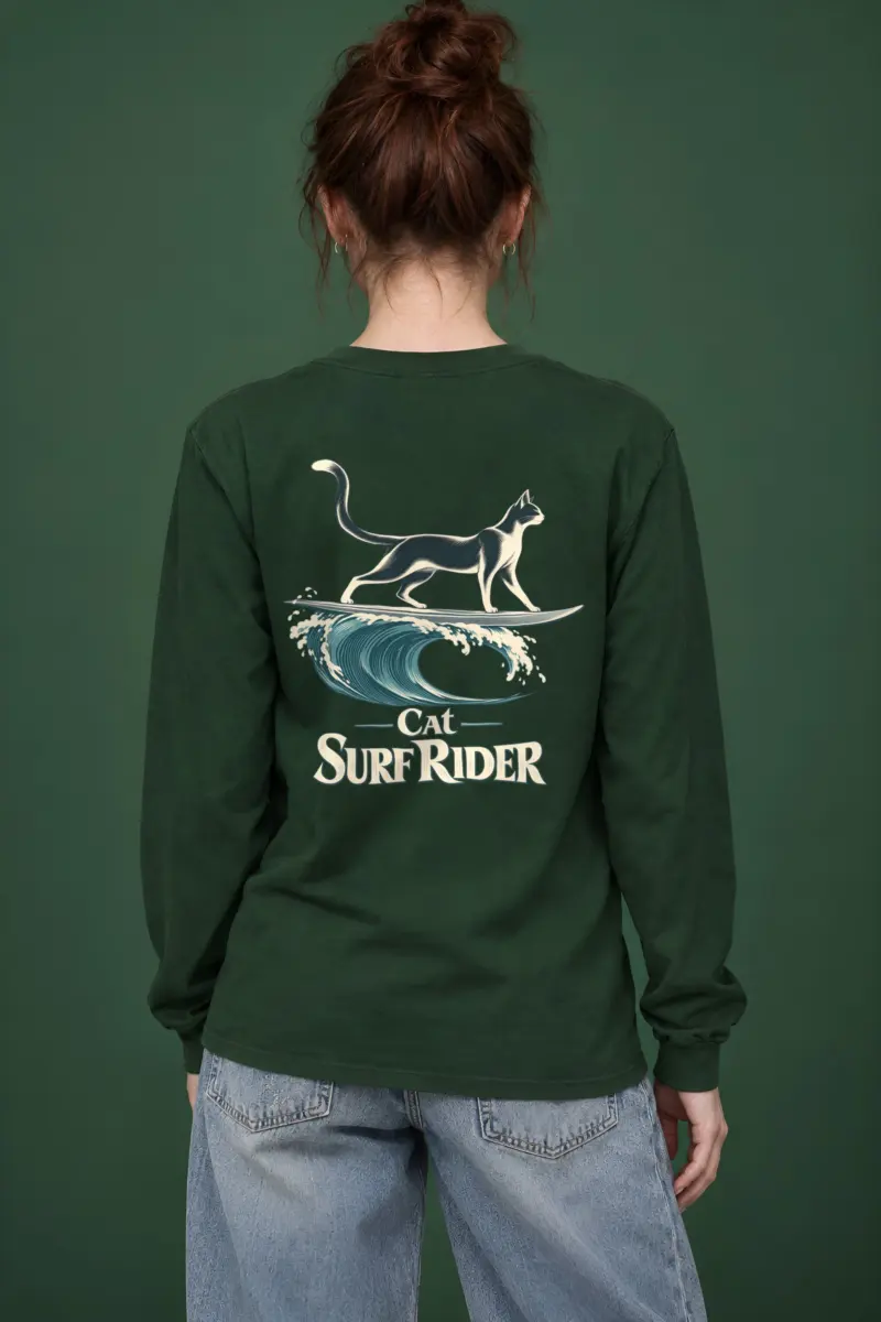 "Feline On Surfboard" Unisex Longsleeve T-shirt