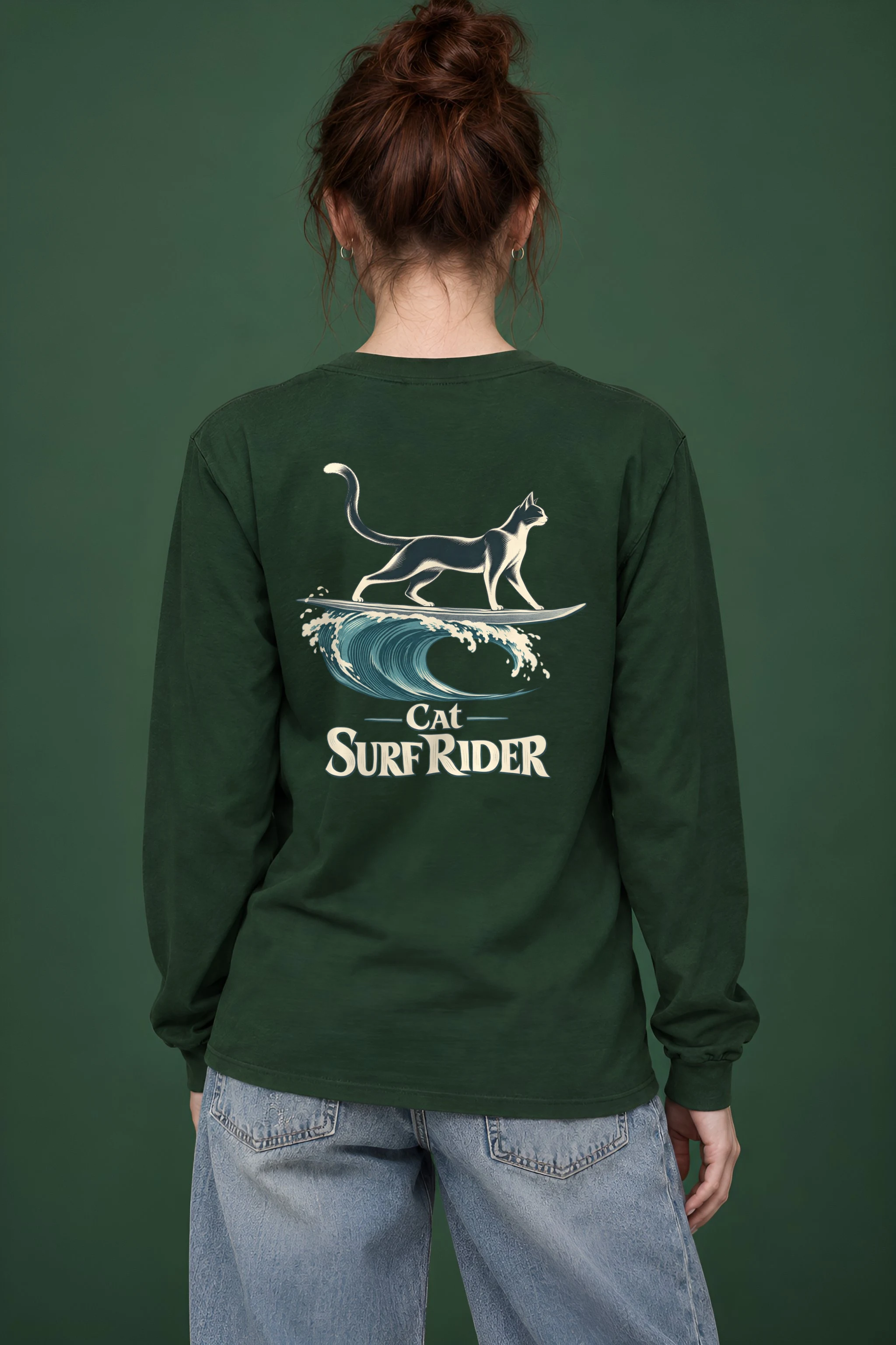 "Feline On Surfboard" Unisex Longsleeve T-shirt