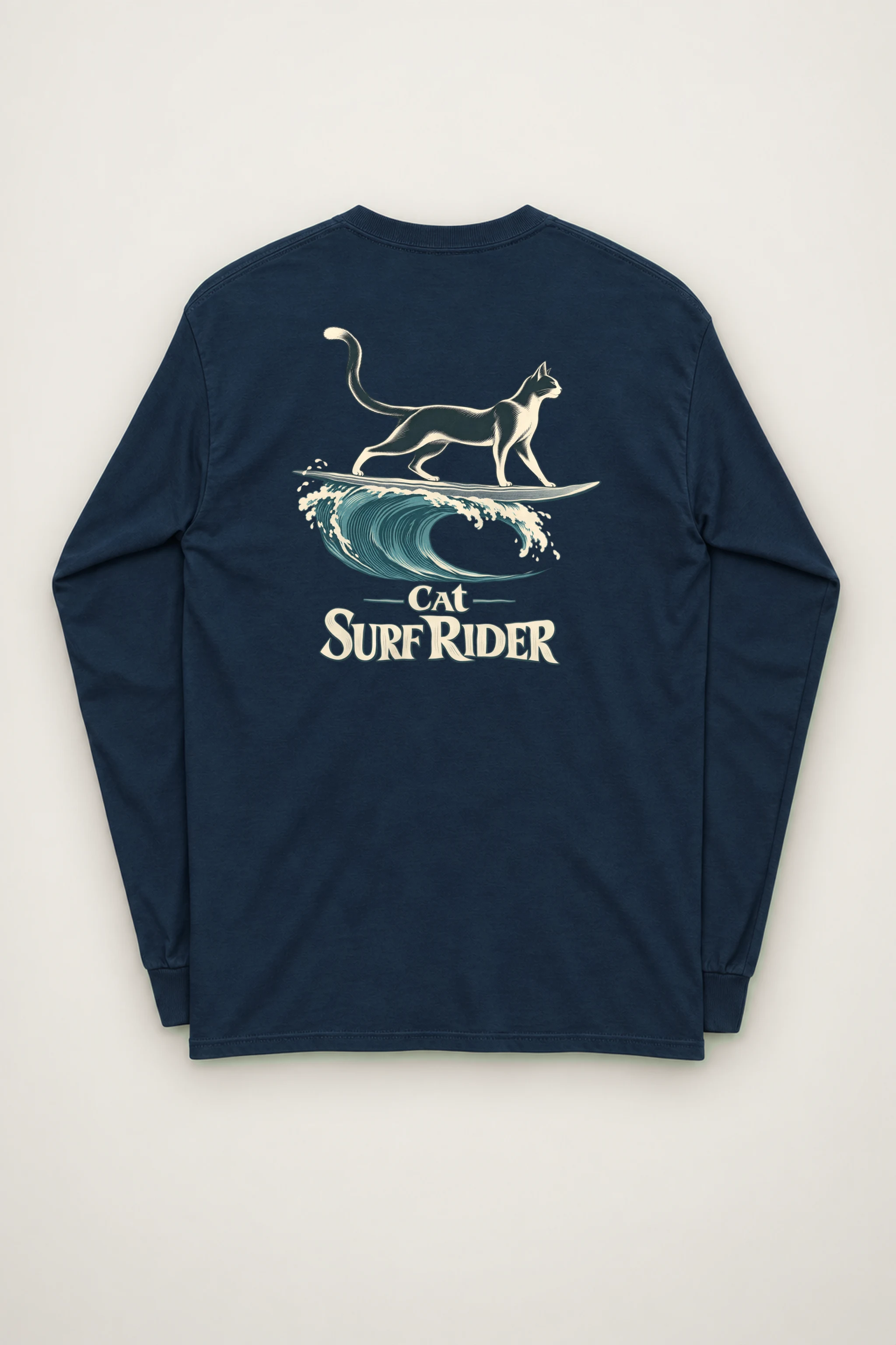 "Feline On Surfboard" Unisex Longsleeve T-shirt