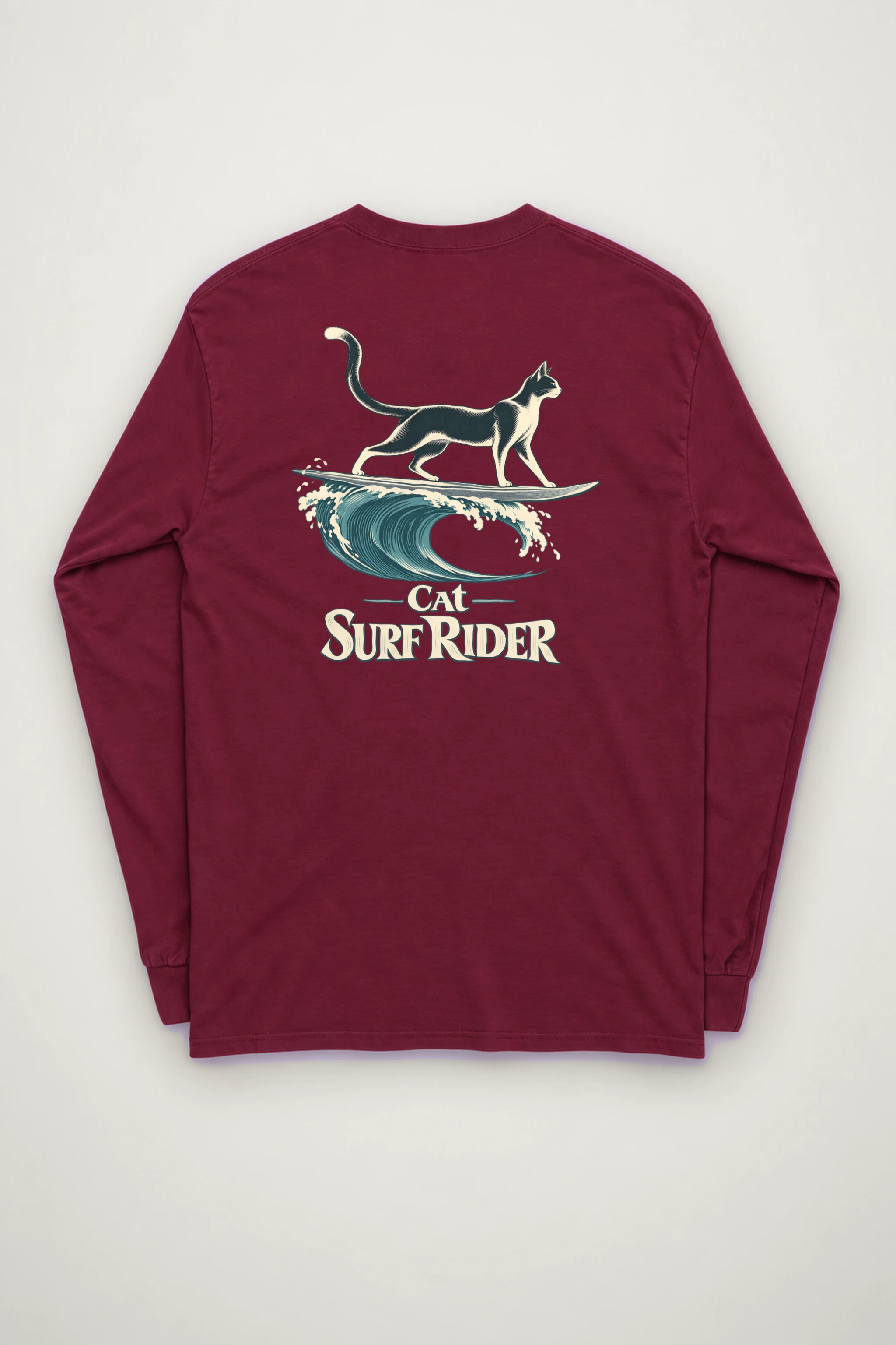 "Feline On Surfboard" Unisex Longsleeve T-shirt