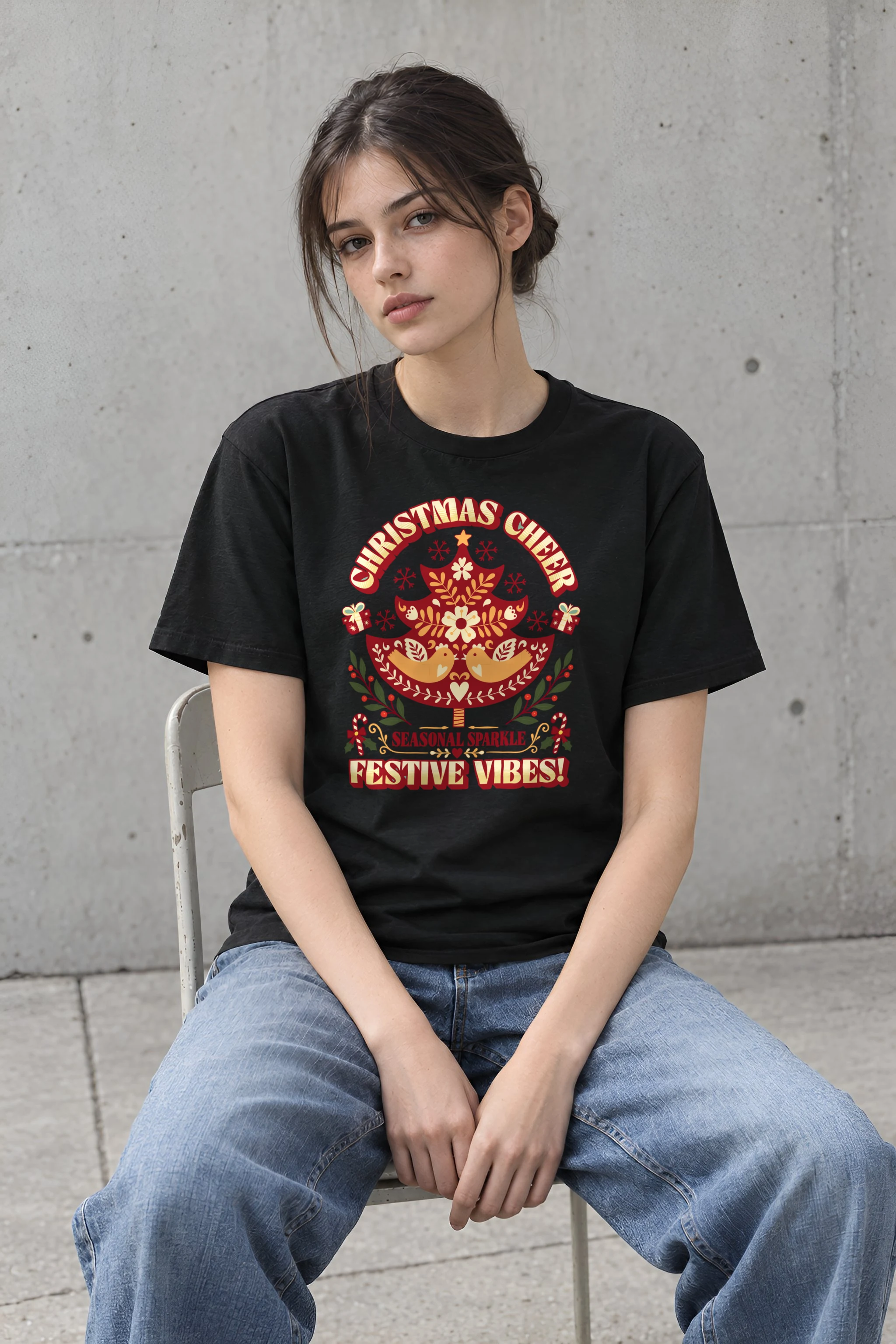 "Festive Folk Tree" Heavyweight Unisex Crewneck T-shirt