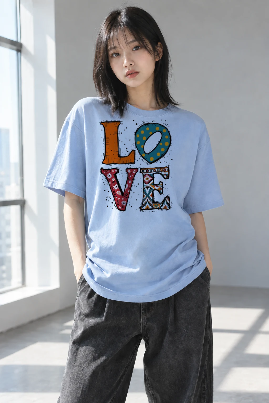 "Folk Art Love" Heavyweight Unisex Crewneck T-shirt | Gildan 5000