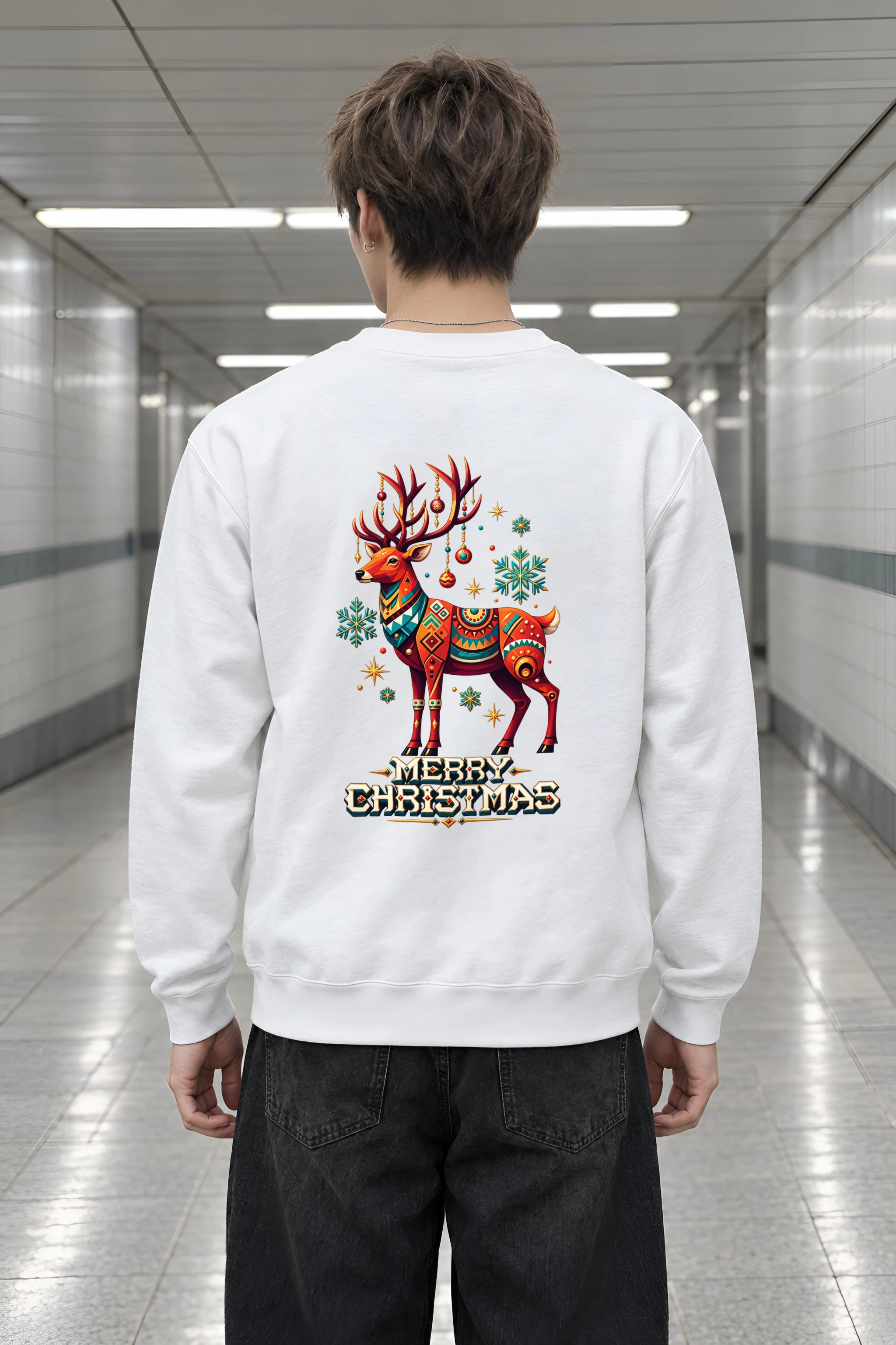 "Folk Festive Deer" Heavy Blend Unisex Crewneck Sweatshirt