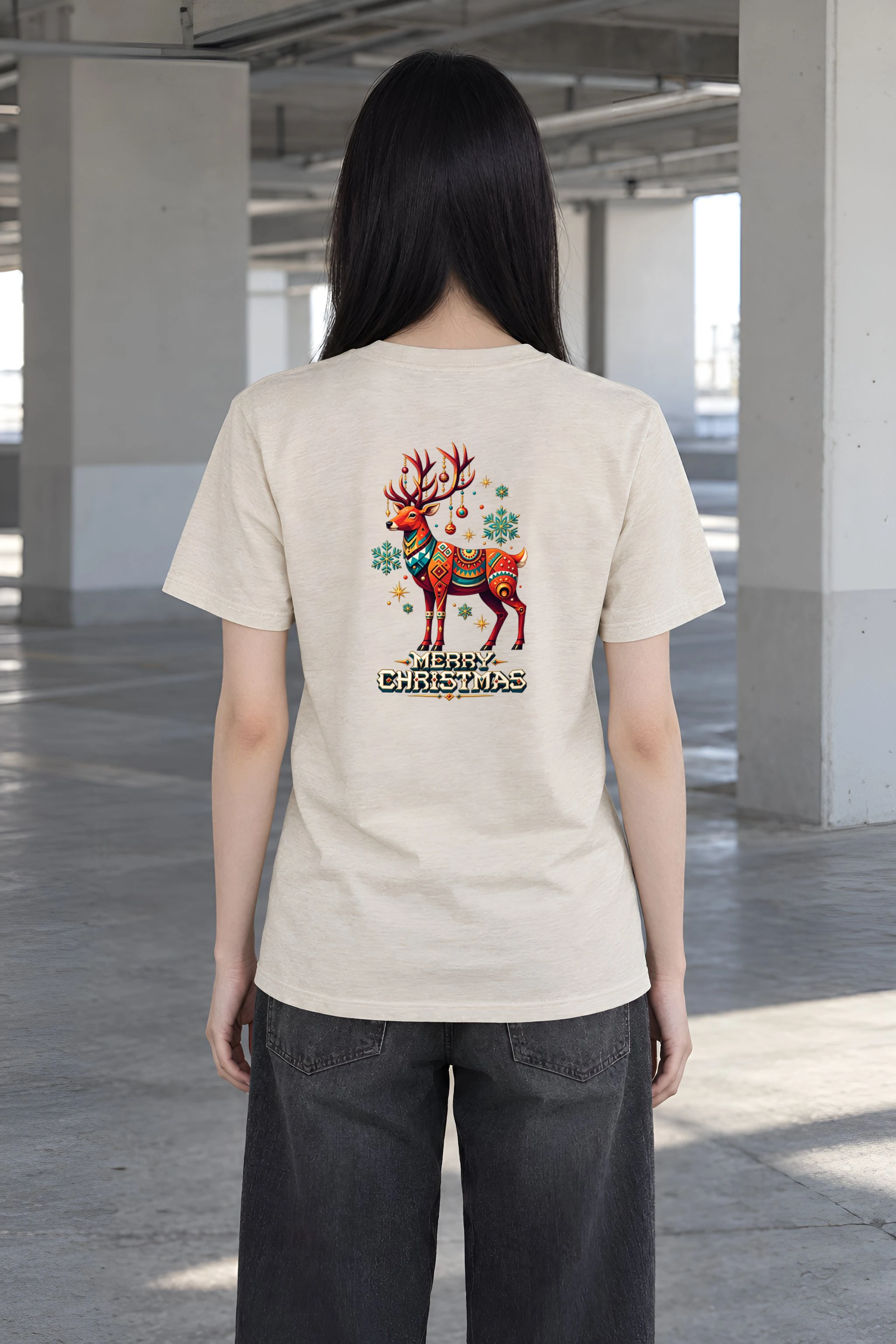 "Folk Festive Reindeer" Heavyweight Unisex Crewneck T-shirt