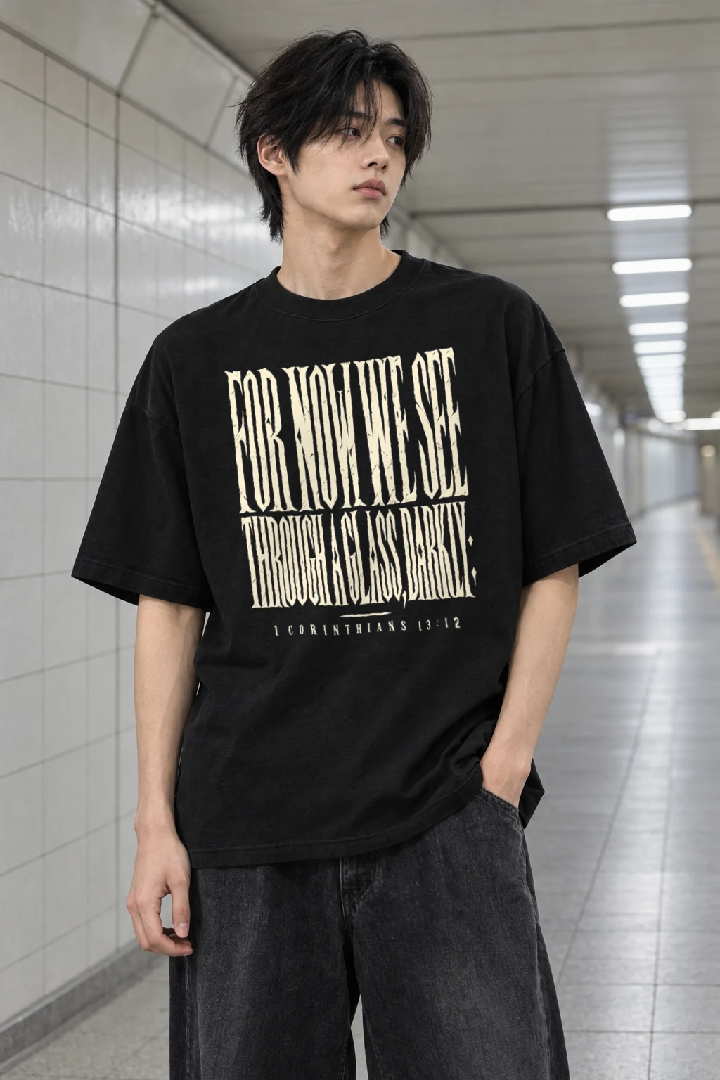 "For Now We See Through A Glass Darkly" Men's Oversized Heavyweight Crewneck T-Shirt