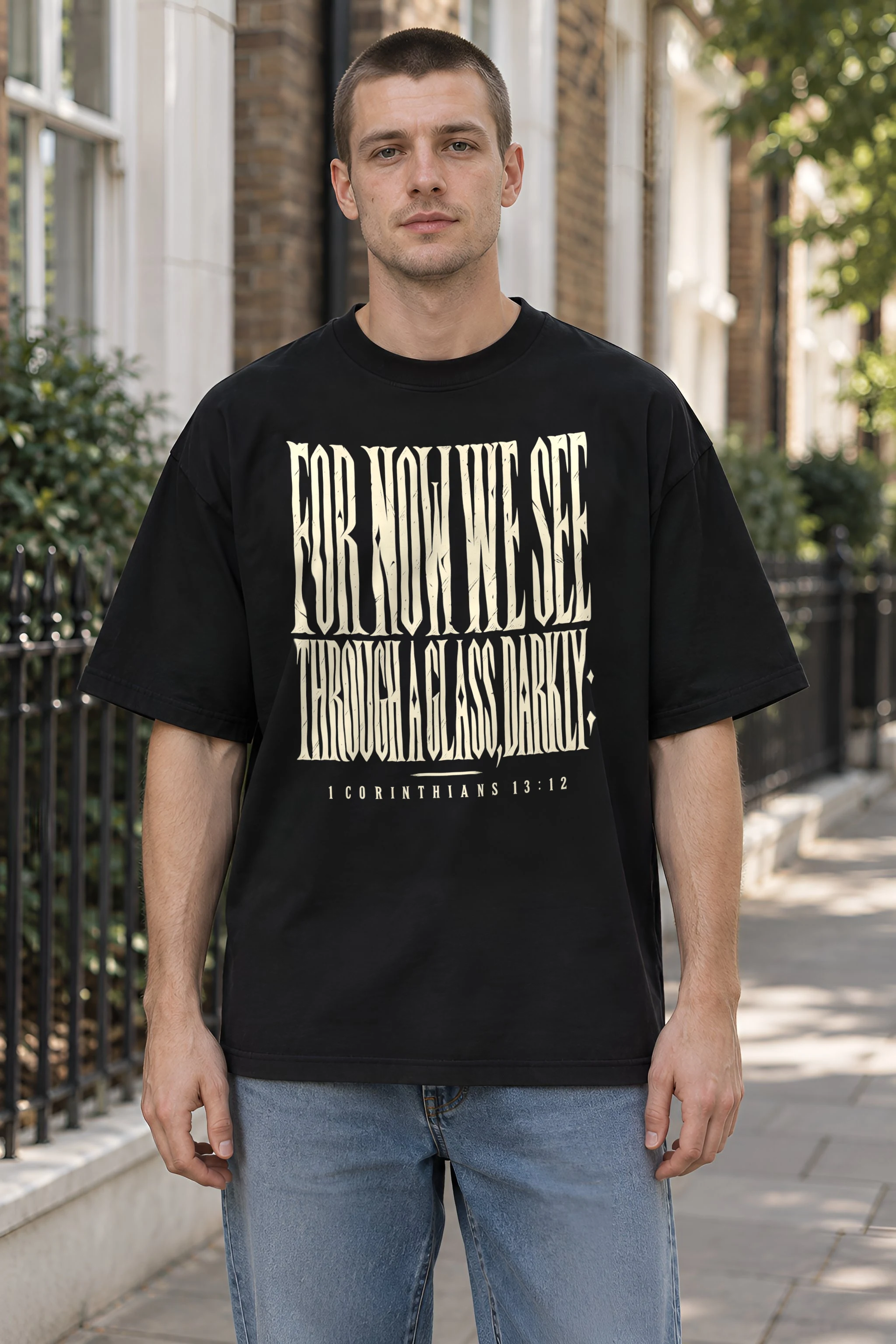 "For Now We See Through A Glass Darkly" Men's Oversized Heavyweight Crewneck T-Shirt