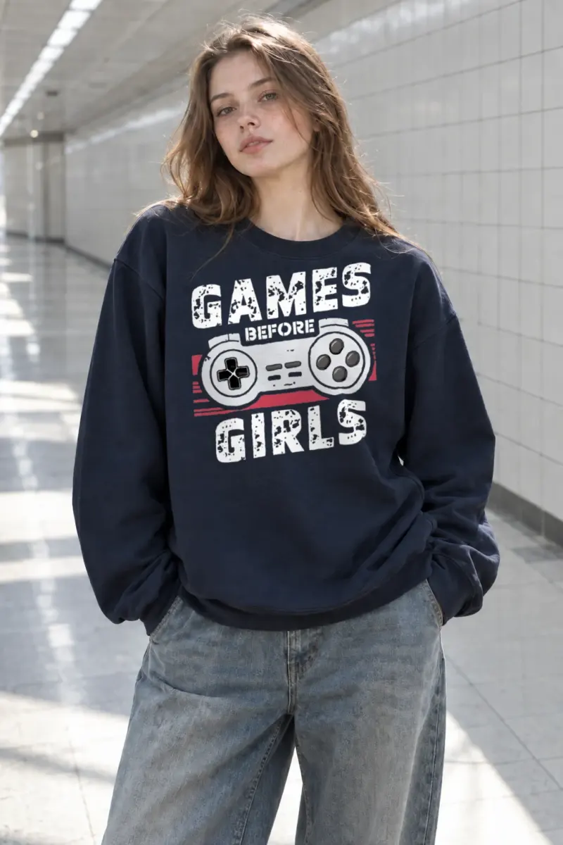 “Games Before Girls” Heavy Blend Unisex Crewneck Sweatshirt | Gildan 18000
