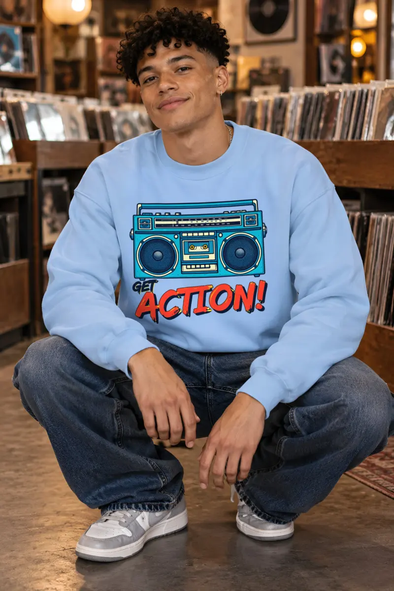 "Blue Boombox Get Action" Heavy Blend Unisex Crewneck Sweatshirt