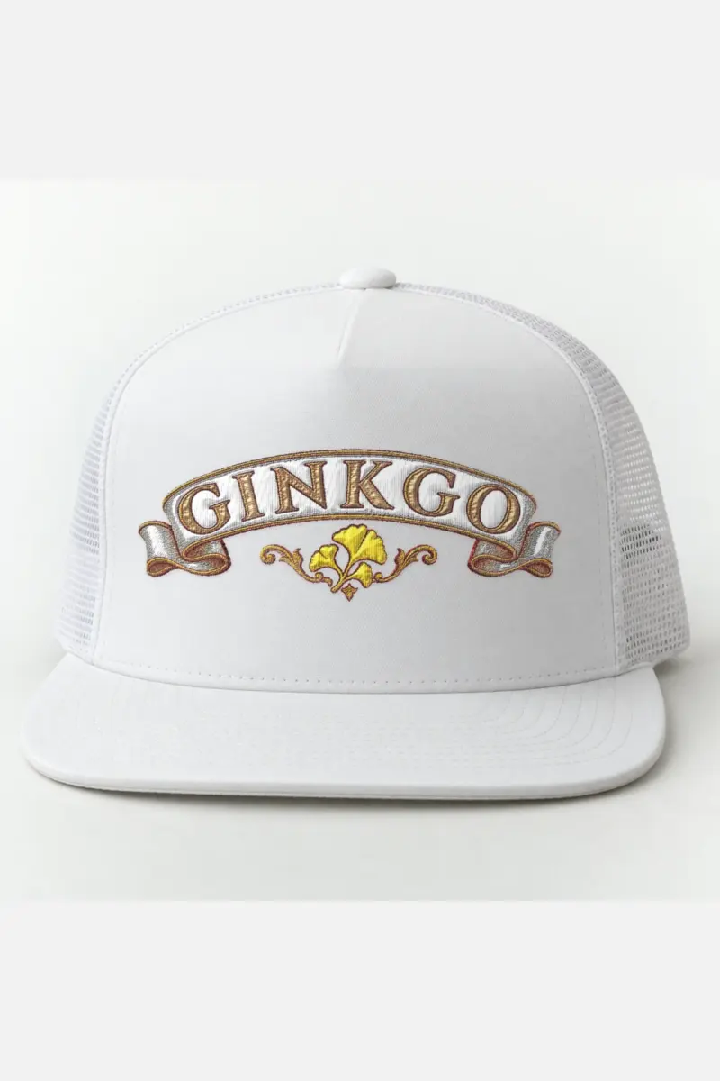 "Ginkgo Banner" 5 Panel Trucker Cap · Embroidered