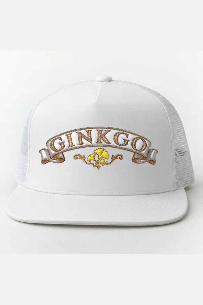 "Ginkgo Banner" 5 Panel Trucker Cap · Embroidered