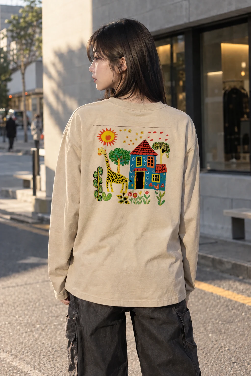 "Giraffe House Folk Art" Unisex Longsleeve T-shirt | Gildan 2400