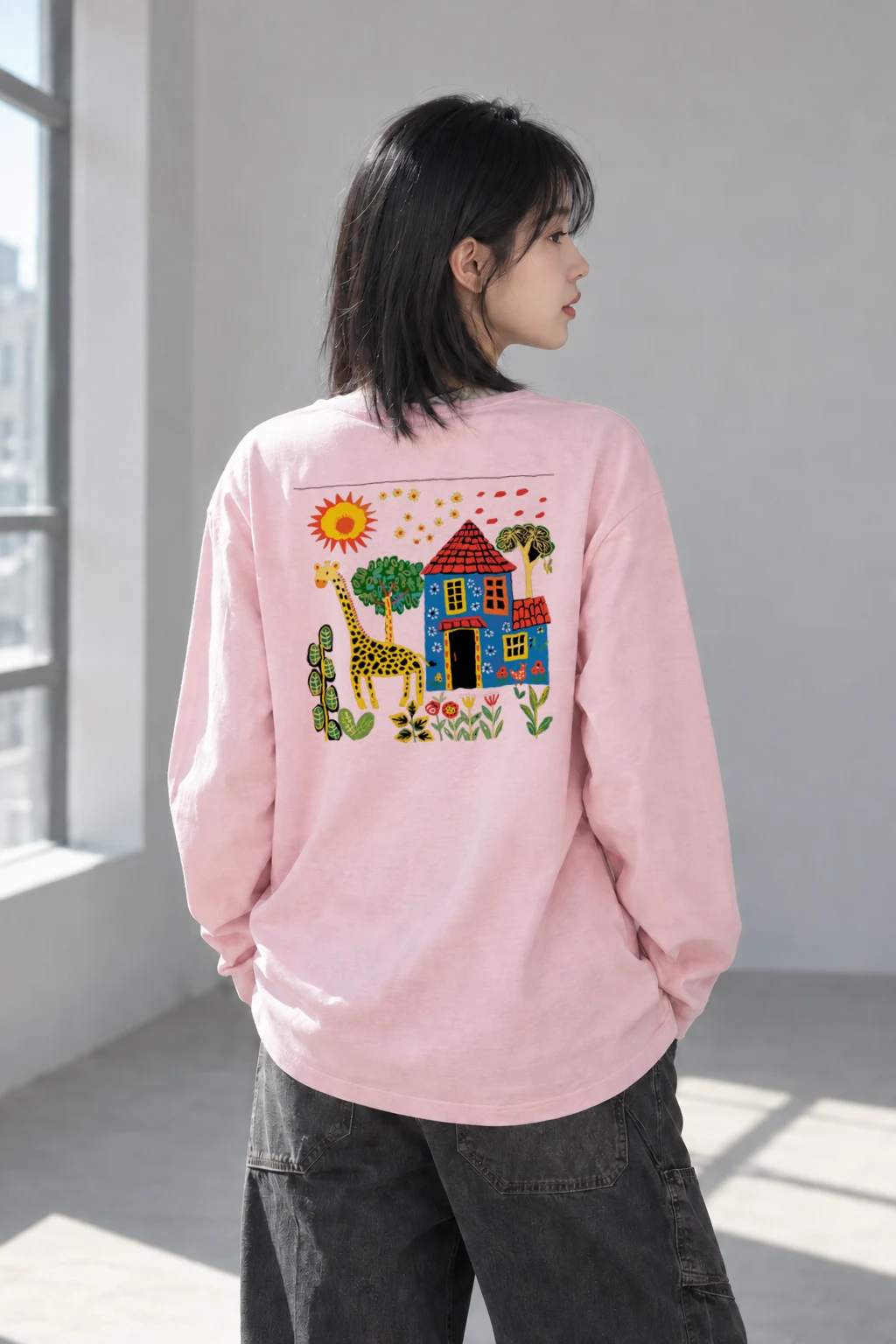 "Giraffe House Folk Art" Unisex Longsleeve T-shirt | Gildan 2400