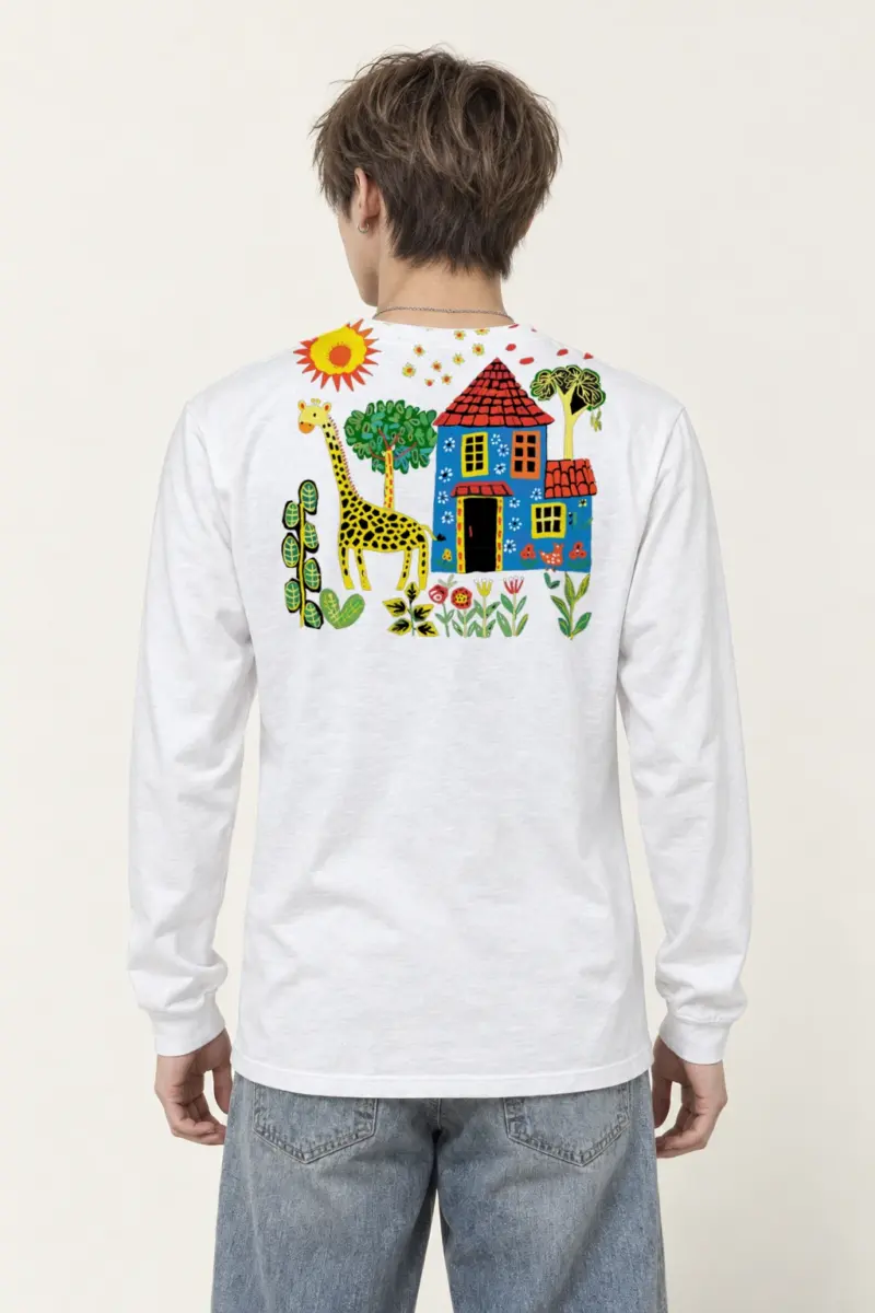 "Giraffe House Folk Art" Unisex Longsleeve T-shirt