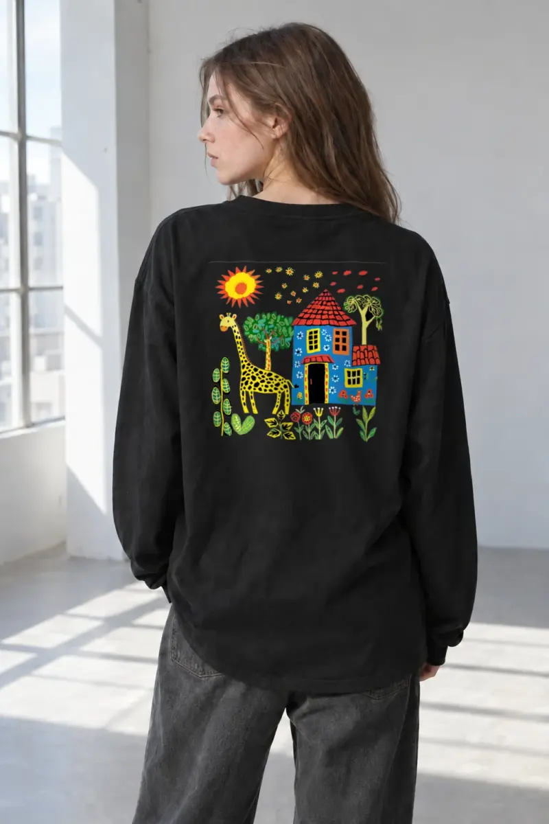 “Giraffe House Folk Art” Unisex Longsleeve T-shirt | Gildan 2400
