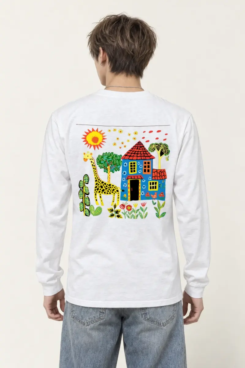 "Giraffe House Folk Art" Unisex Longsleeve T-shirt