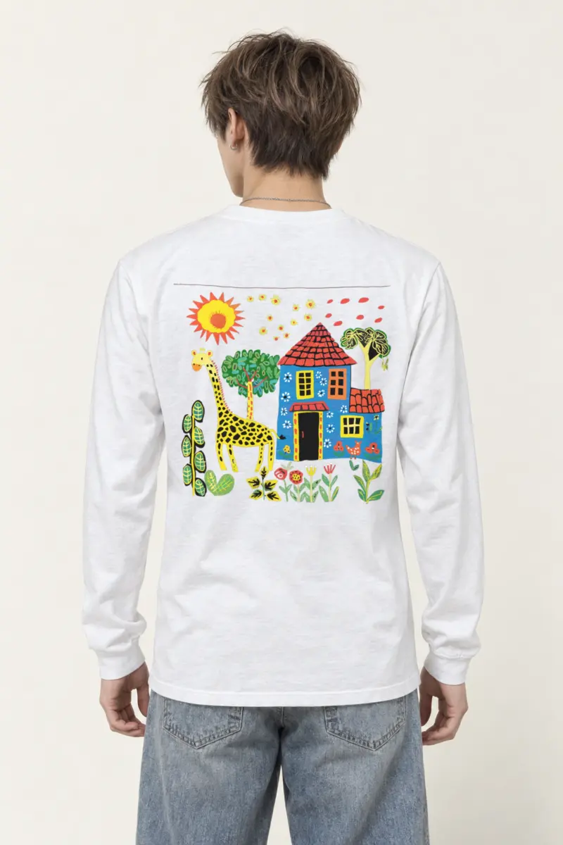 "Giraffe House Folk Art" Unisex Longsleeve T-shirt