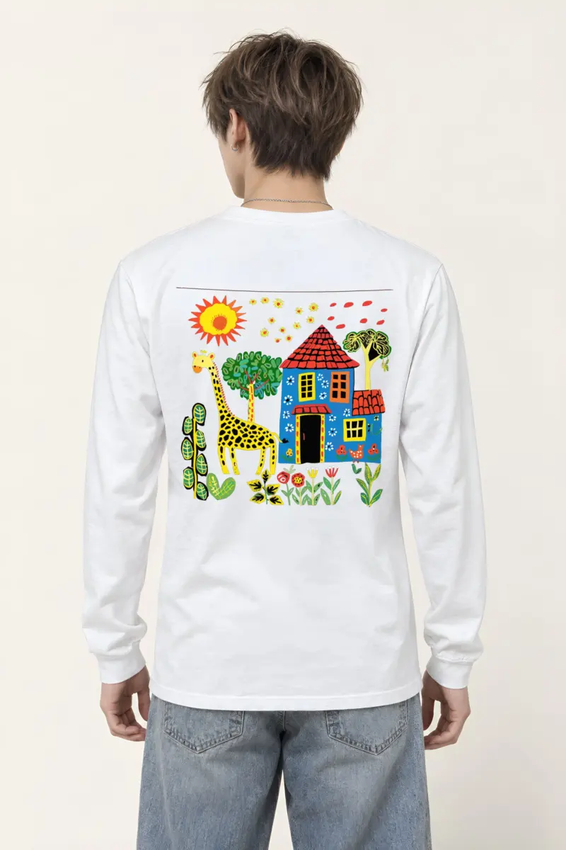 "Giraffe House Folk Art" Unisex Longsleeve T-shirt