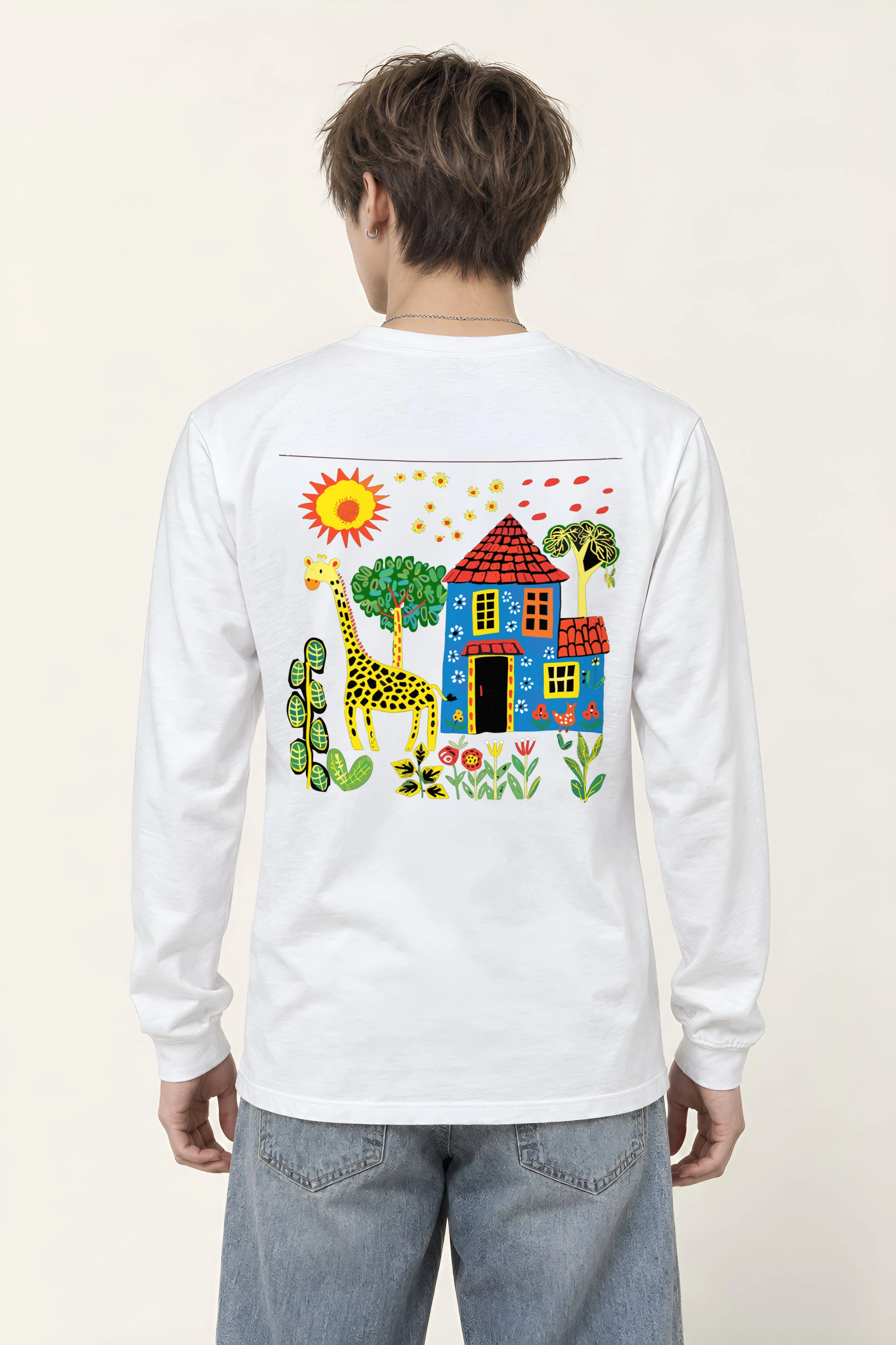 "Giraffe House Folk Art" Unisex Longsleeve T-shirt