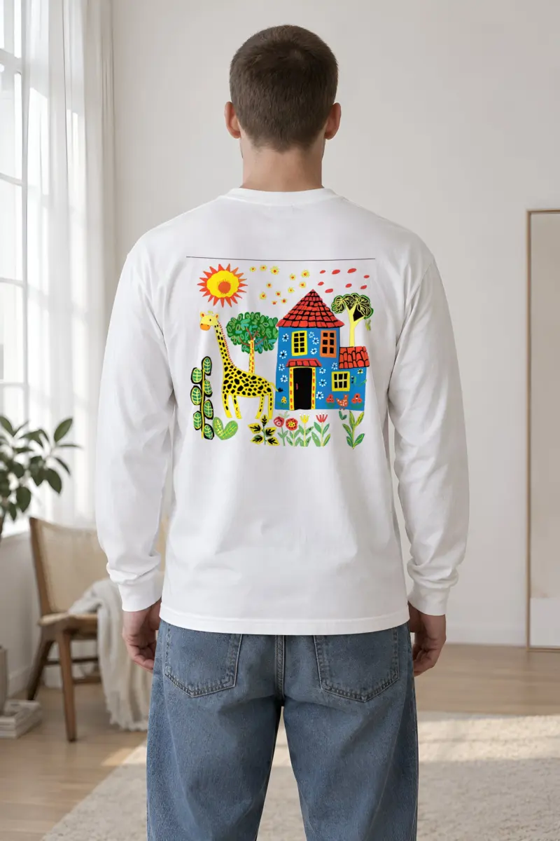"Giraffe House Folk Art" Unisex Longsleeve T-shirt
