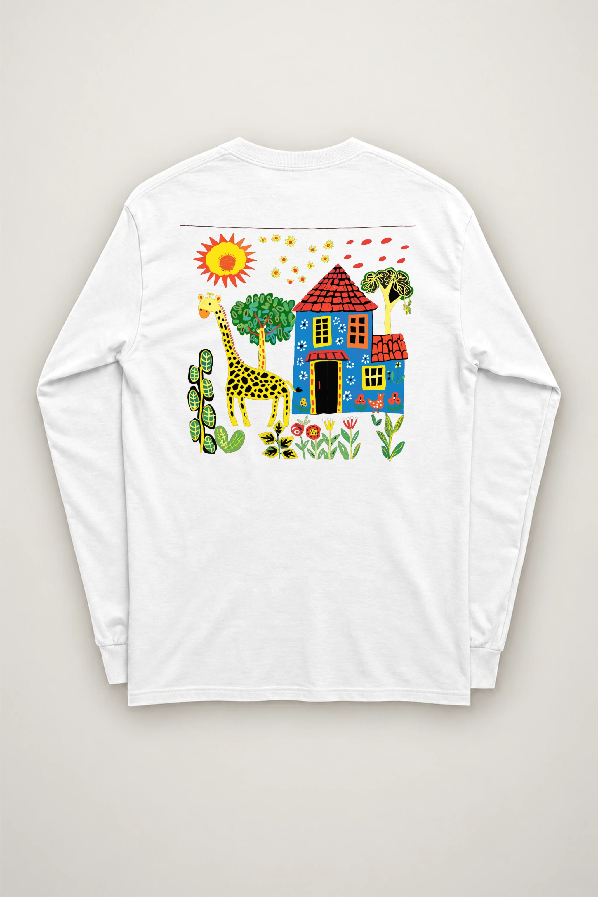 "Giraffe House Folk Art" Unisex Longsleeve T-shirt