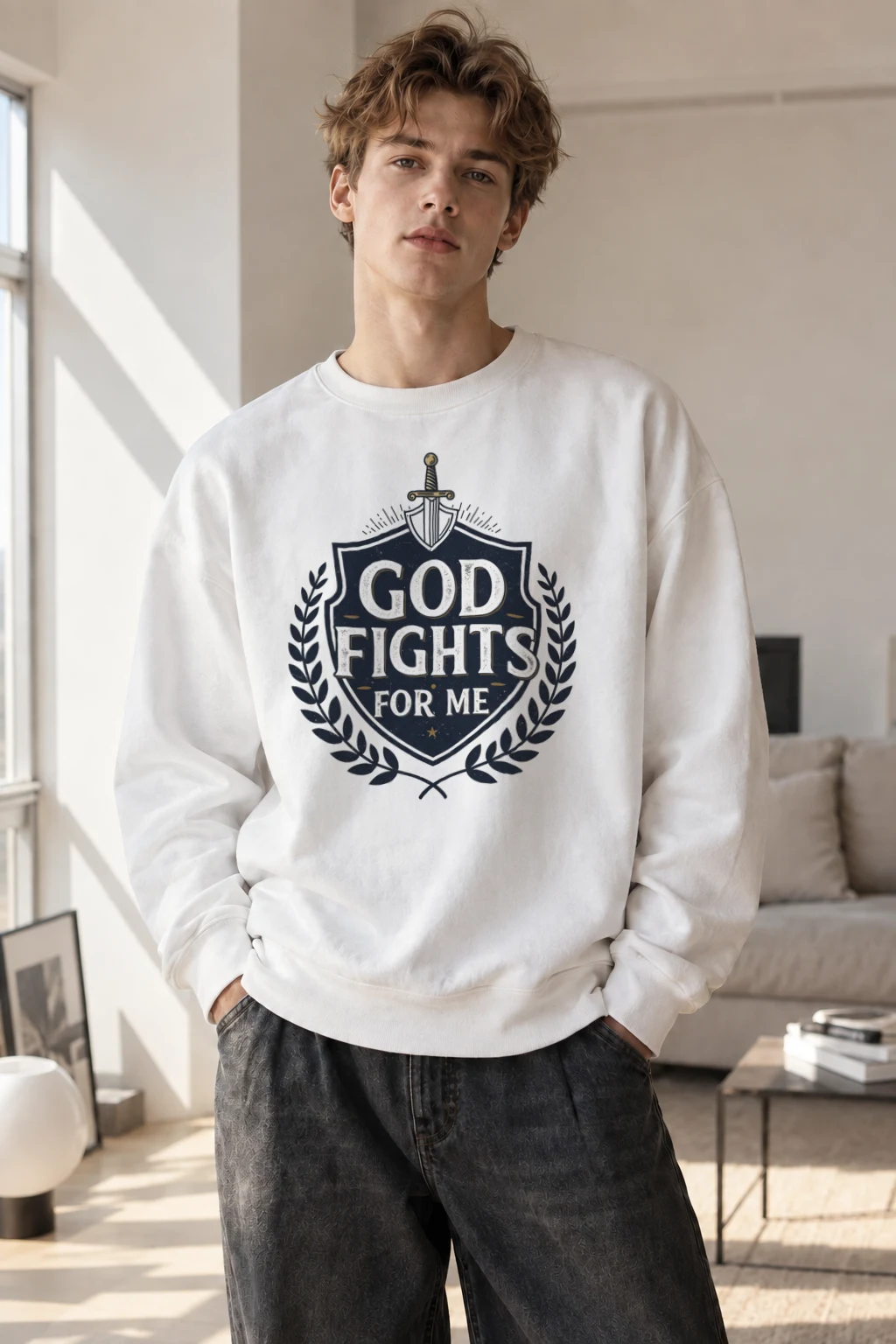 "God Fights For Me" Heavy Blend Unisex Crewneck Sweatshirt | Gildan 18000