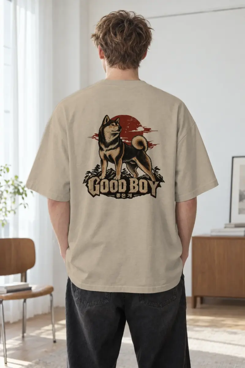 "Good Boy Jindo" Men's Oversized Heavyweight Crewneck T-Shirt