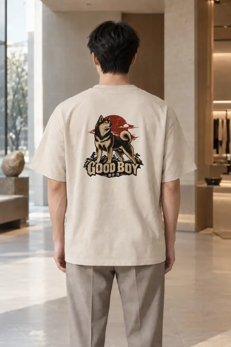 "Good Boy Jindo" Men's Oversized Heavyweight Crewneck T-Shirt | Shaka Wear SHMHSS