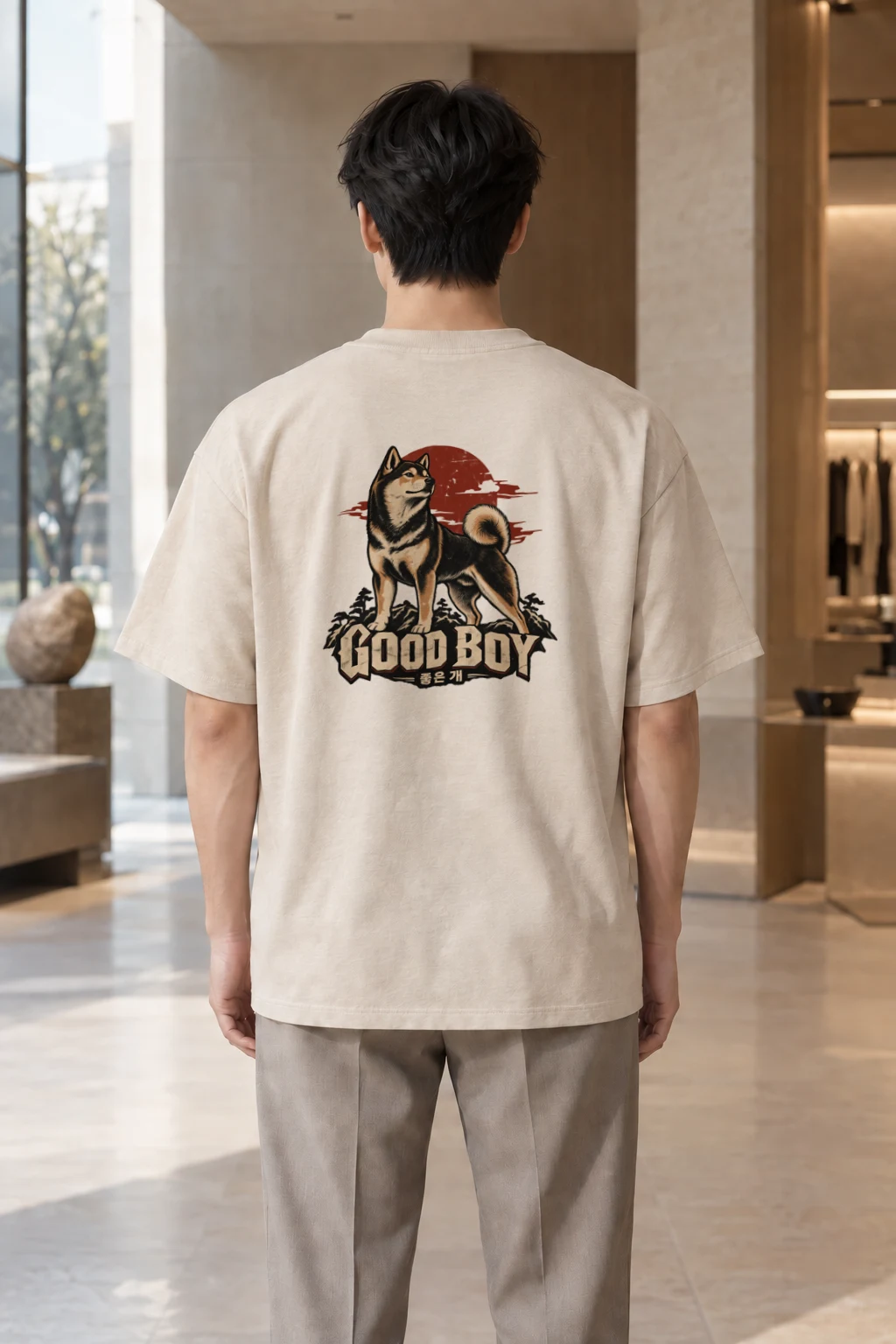 "Good Boy Jindo" Men's Oversized Heavyweight Crewneck T-Shirt | Shaka Wear SHMHSS