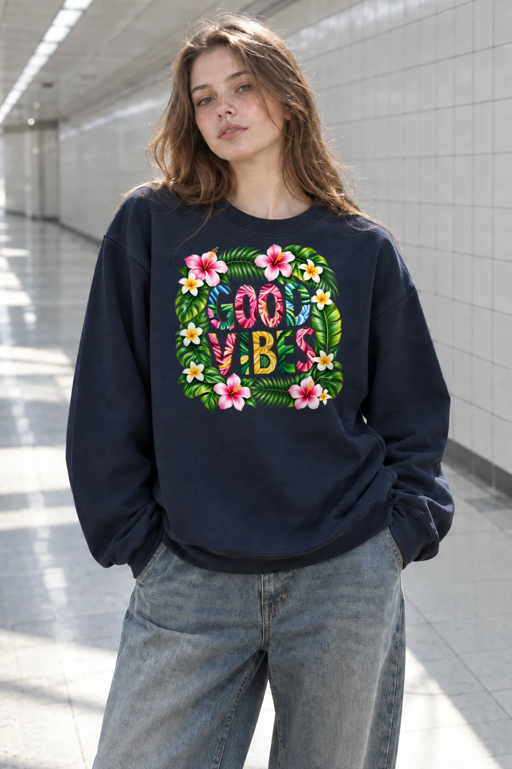 "Good Vibes Botanical" Heavy Blend Unisex Crewneck Sweatshirt | Gildan 18000
