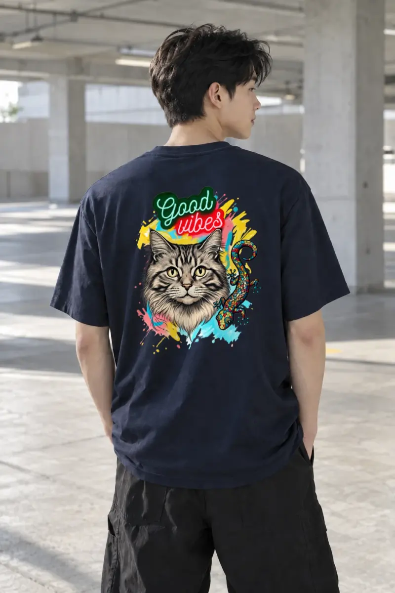 "Good Vibes Cat" Heavyweight Unisex Crewneck T-shirt | Gildan 5000