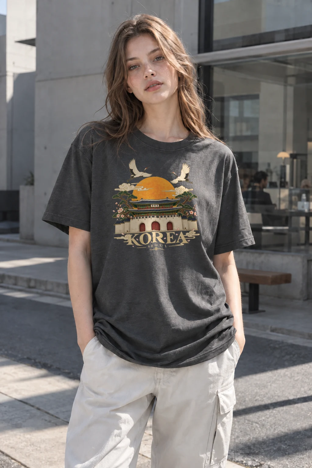 "Gwanghwamun Cranes" Heavyweight Unisex Crewneck T-shirt | Gildan 5000