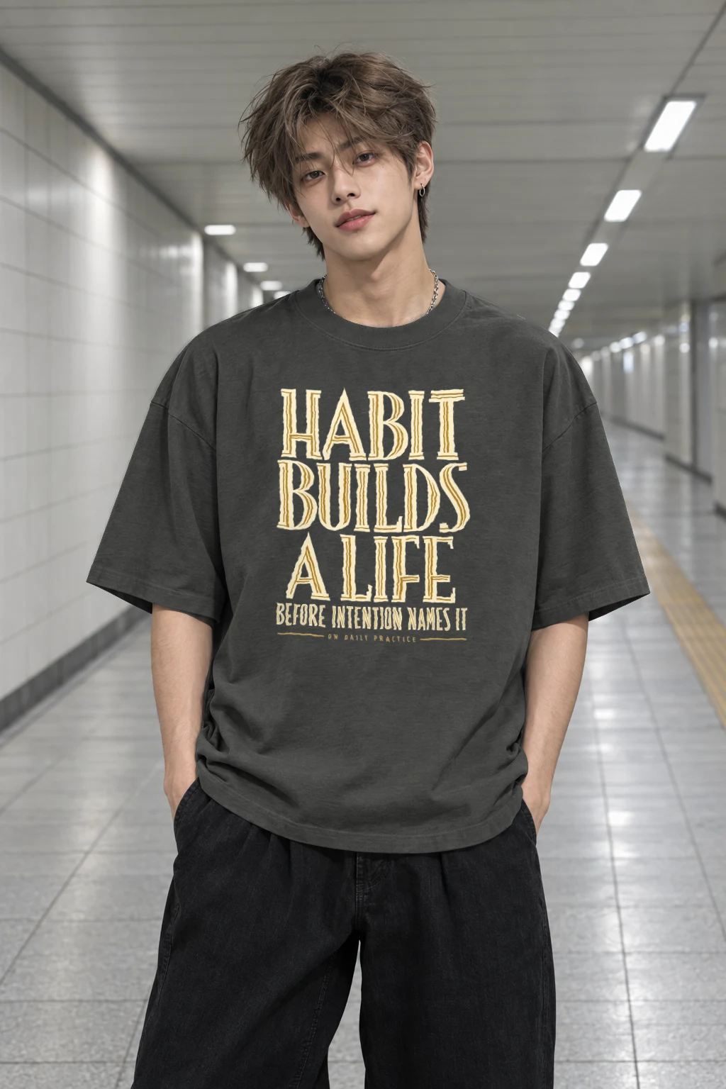 "Habit Builds a Life" Men's Oversized Heavyweight Crewneck T-Shirt