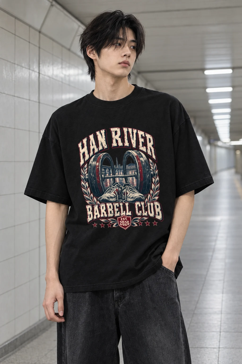 "Han River Barbell Club" Men's Oversized Heavyweight Crewneck T-Shirt