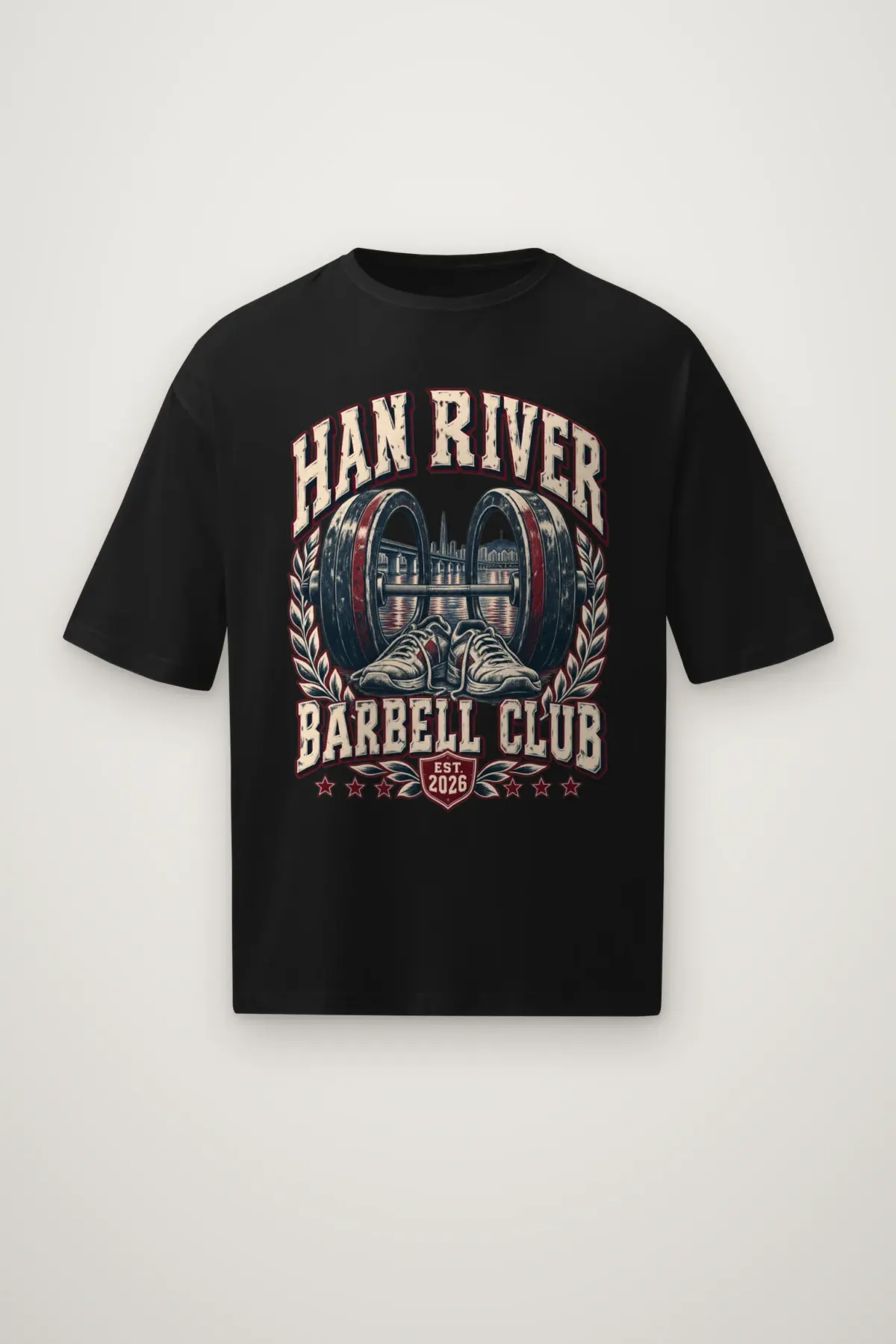 "Han River Barbell Club" Men's Oversized Heavyweight Crewneck T-Shirt